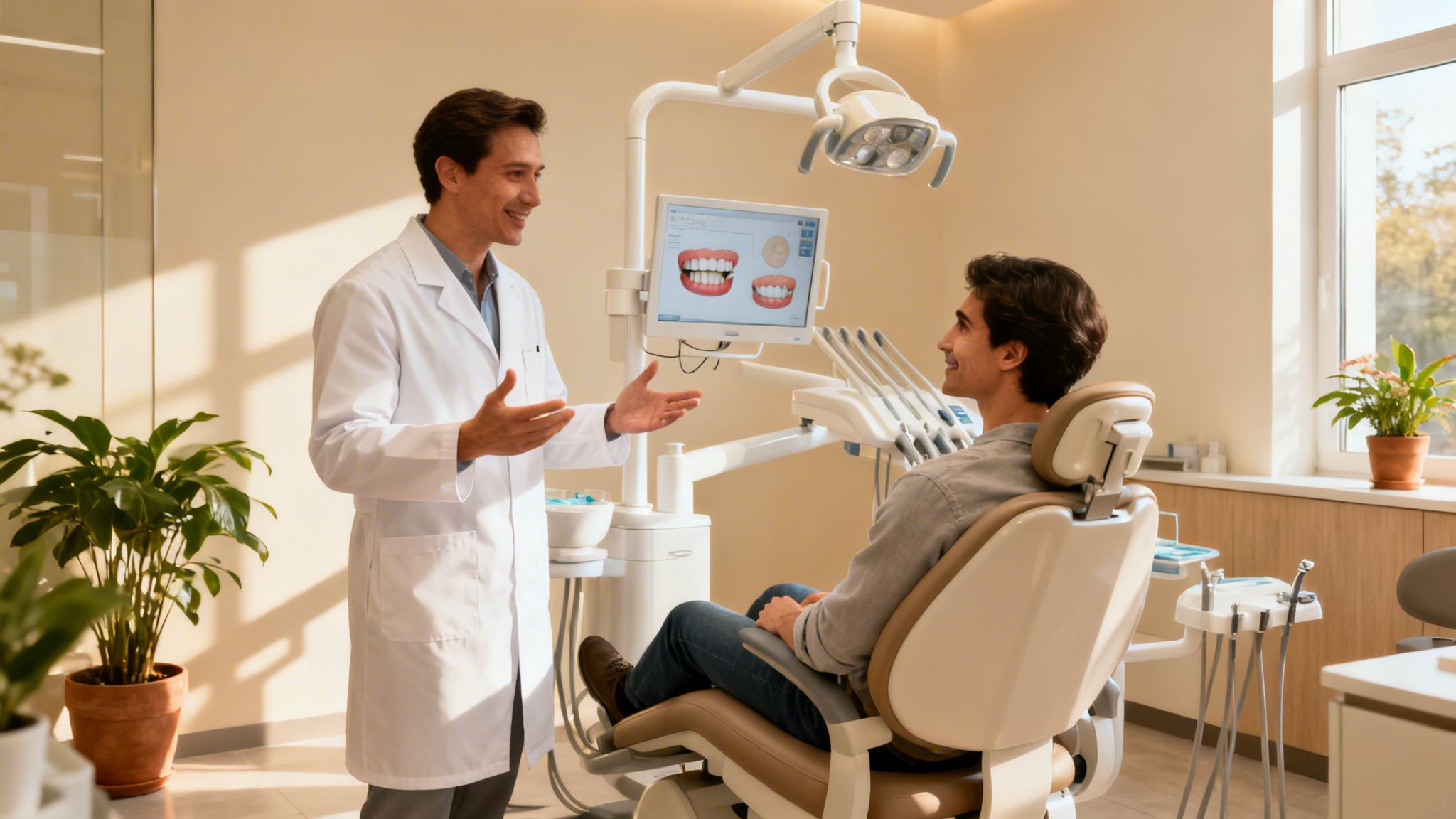 A friendly dentist explaining dental bonding material to a patient while looking at a digital display.