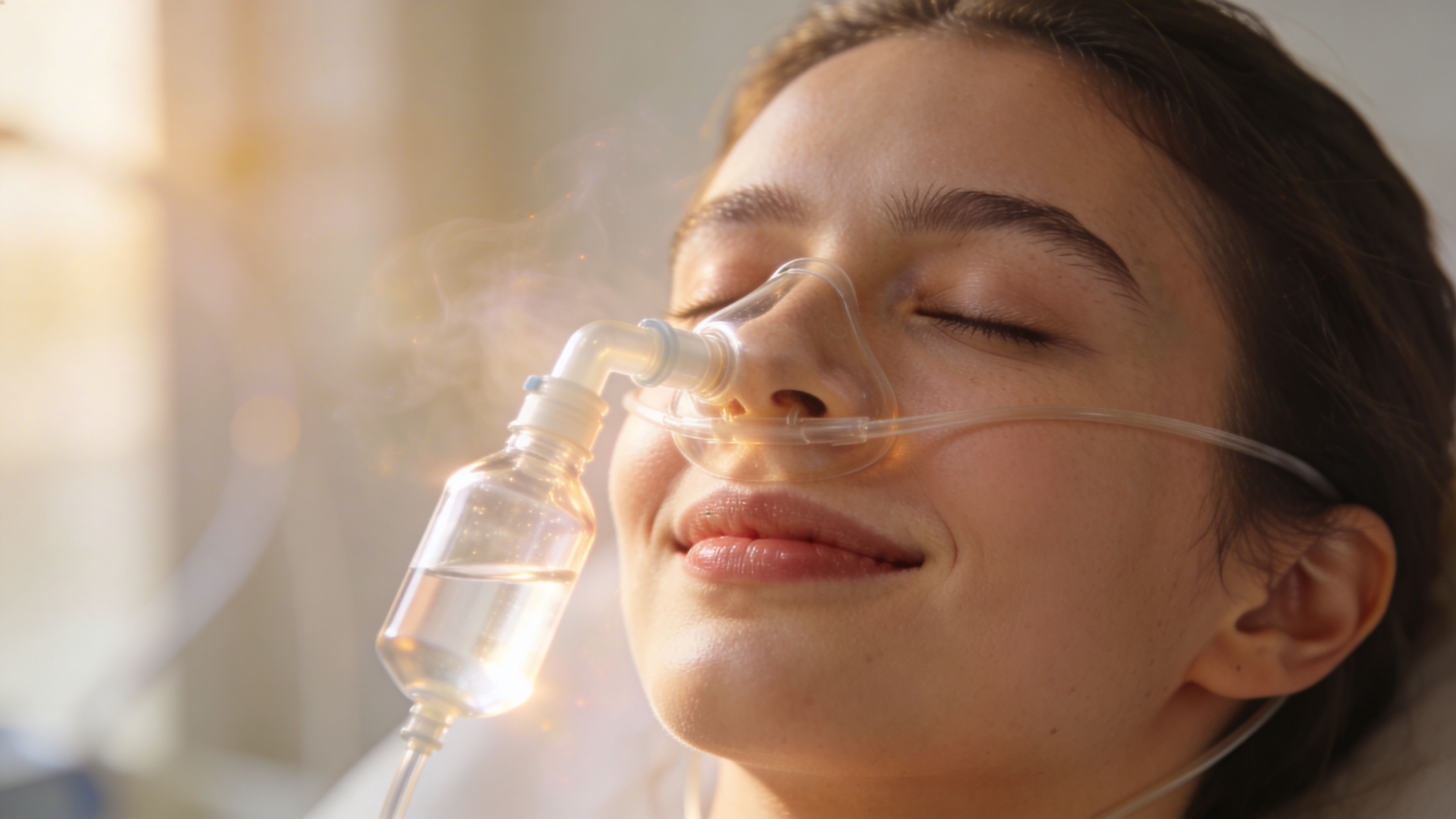 A young woman smiling with her eyes closed while using a therapeutic nasal oxygen inhalation mask.