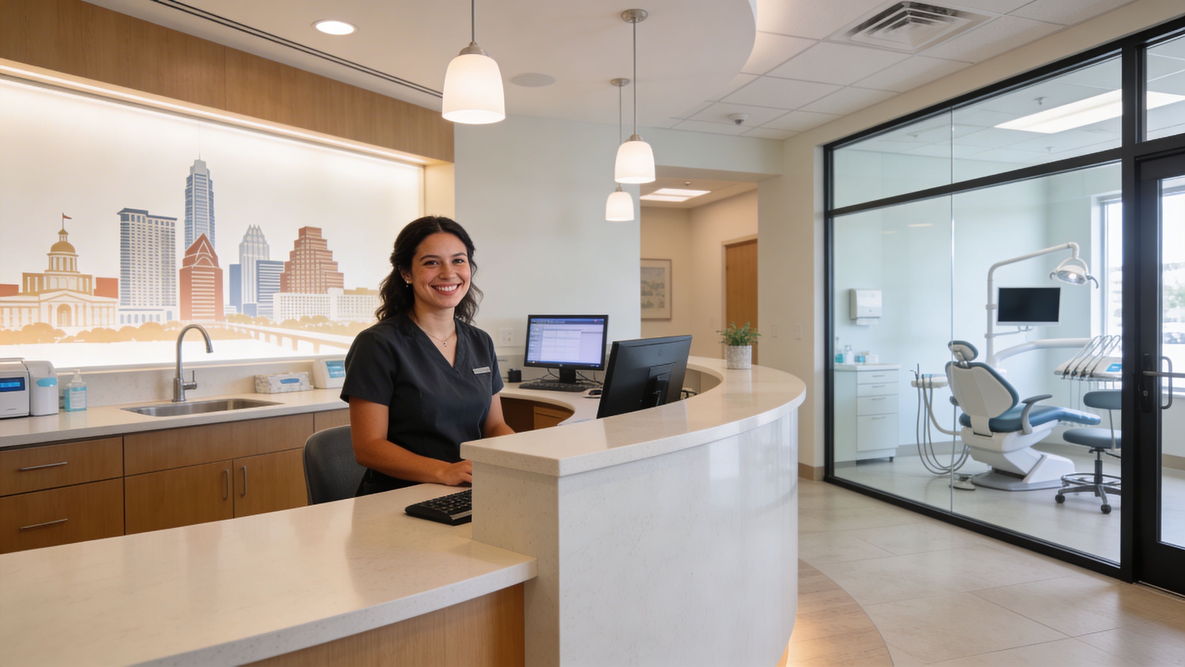 A friendly receptionist smiling behind the curved desk of a modern, clean dental office reception area.