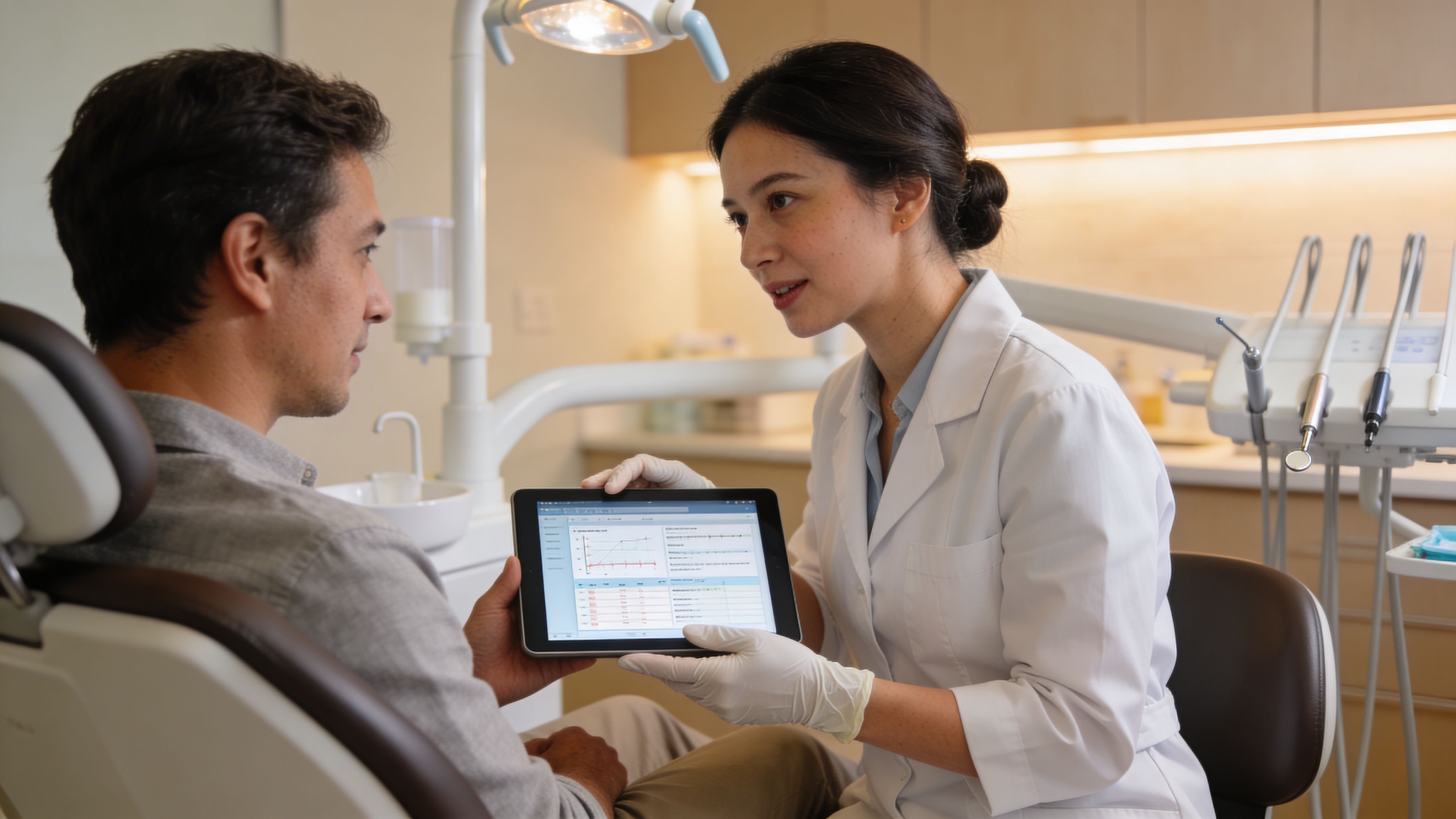 A female dentist shows a digital chart on a tablet to a male patient in a dental chair.