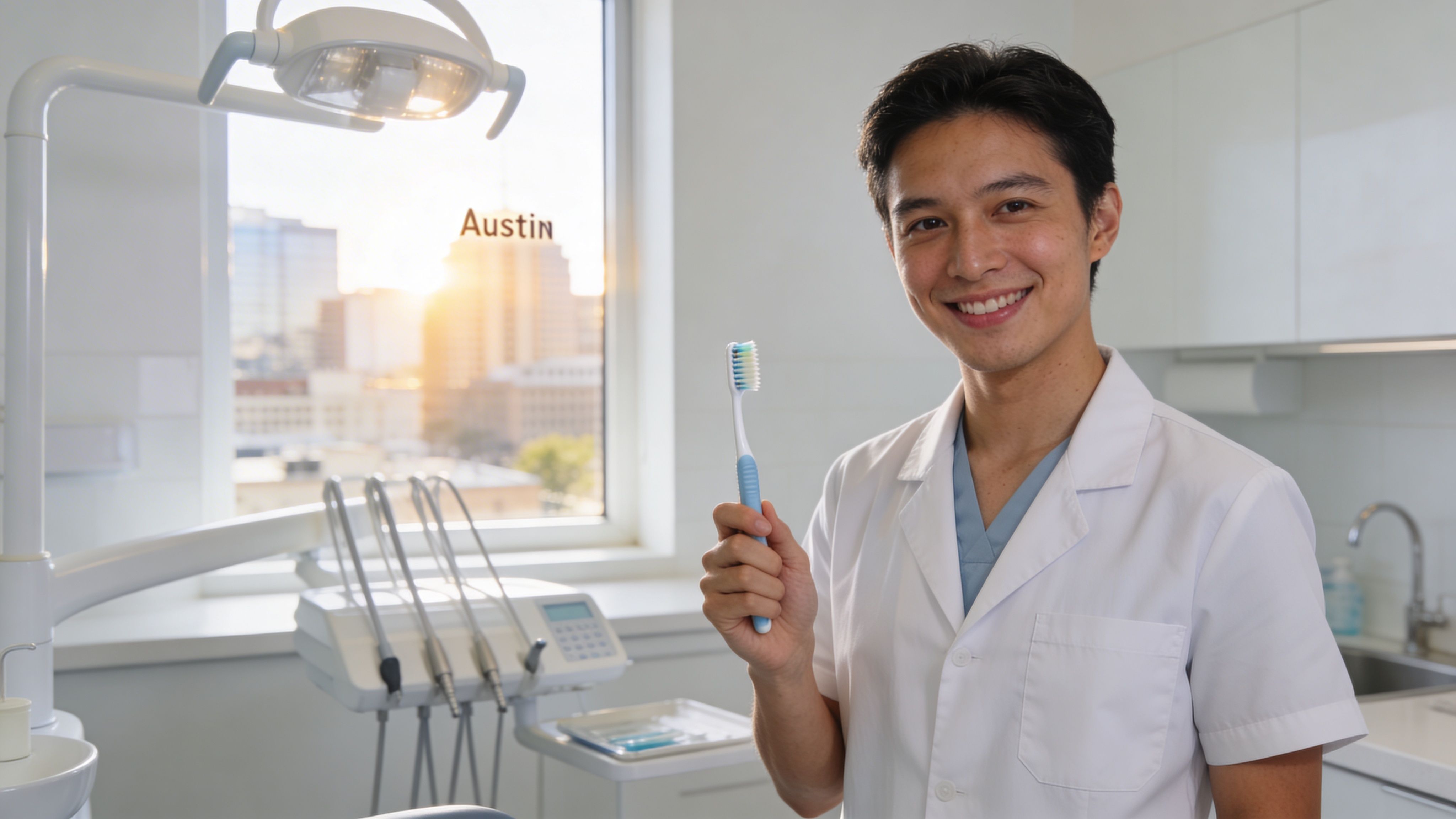 A smiling young dentist in a white coat holding a toothbrush inside a bright dental clinic office.