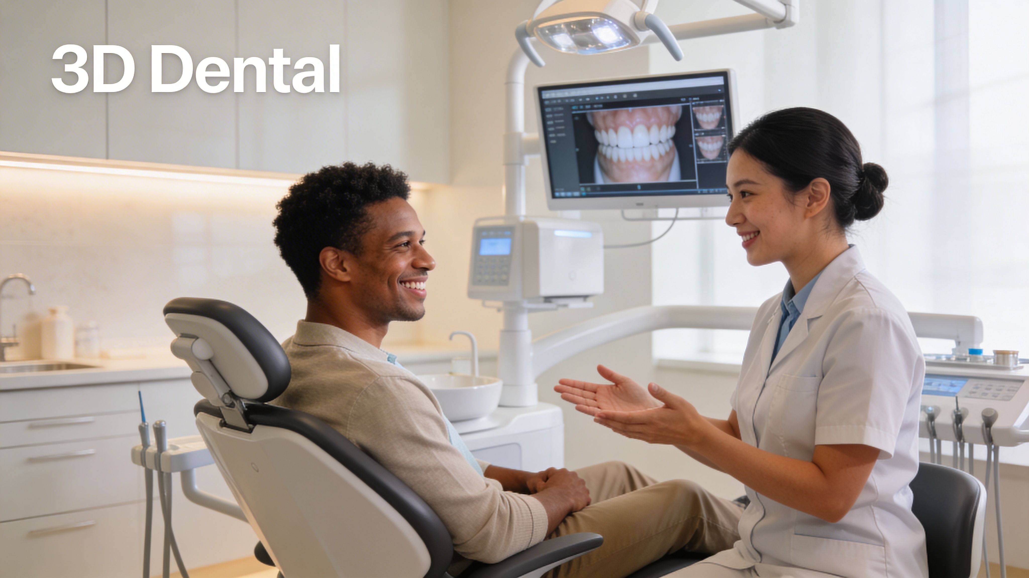 A friendly female dentist consults with a male patient in a modern dental office setting.