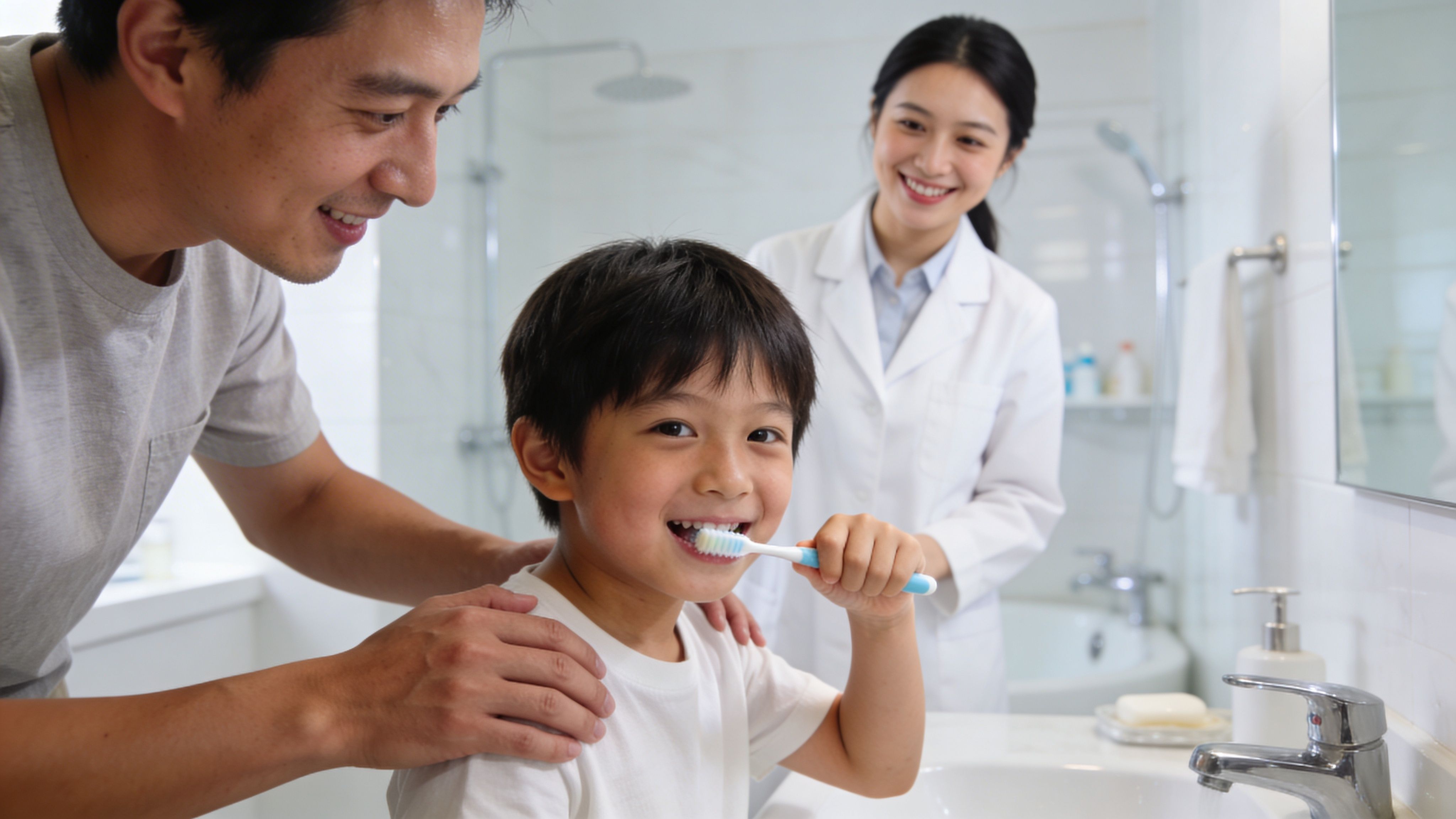 A father and a female dentist teaching a young boy how to brush his teeth in bathroom