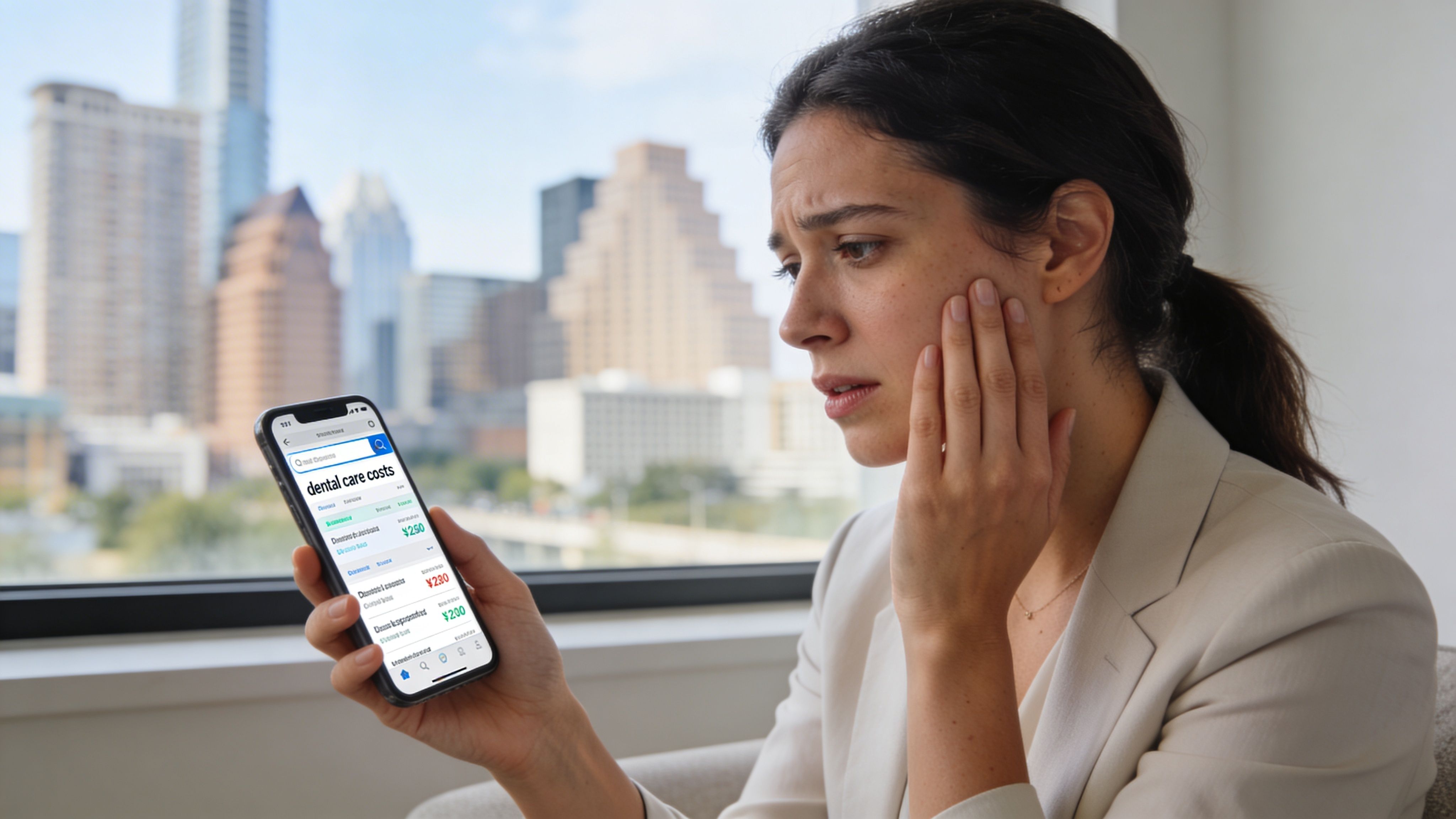 A concerned woman holding a smartphone showing dental care costs while sitting near a city skyline window.