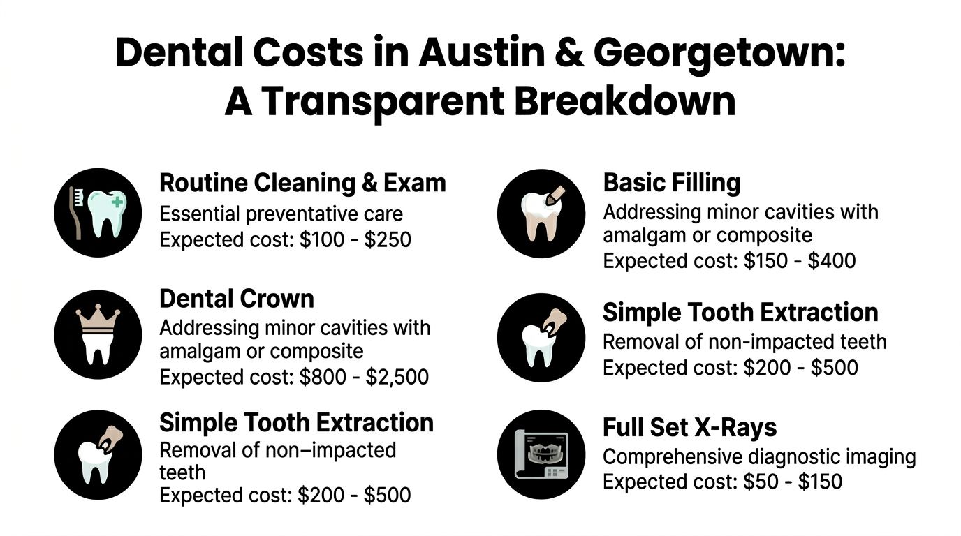 A graphic displaying a price breakdown for various common dental procedures in Austin and Georgetown, Texas.