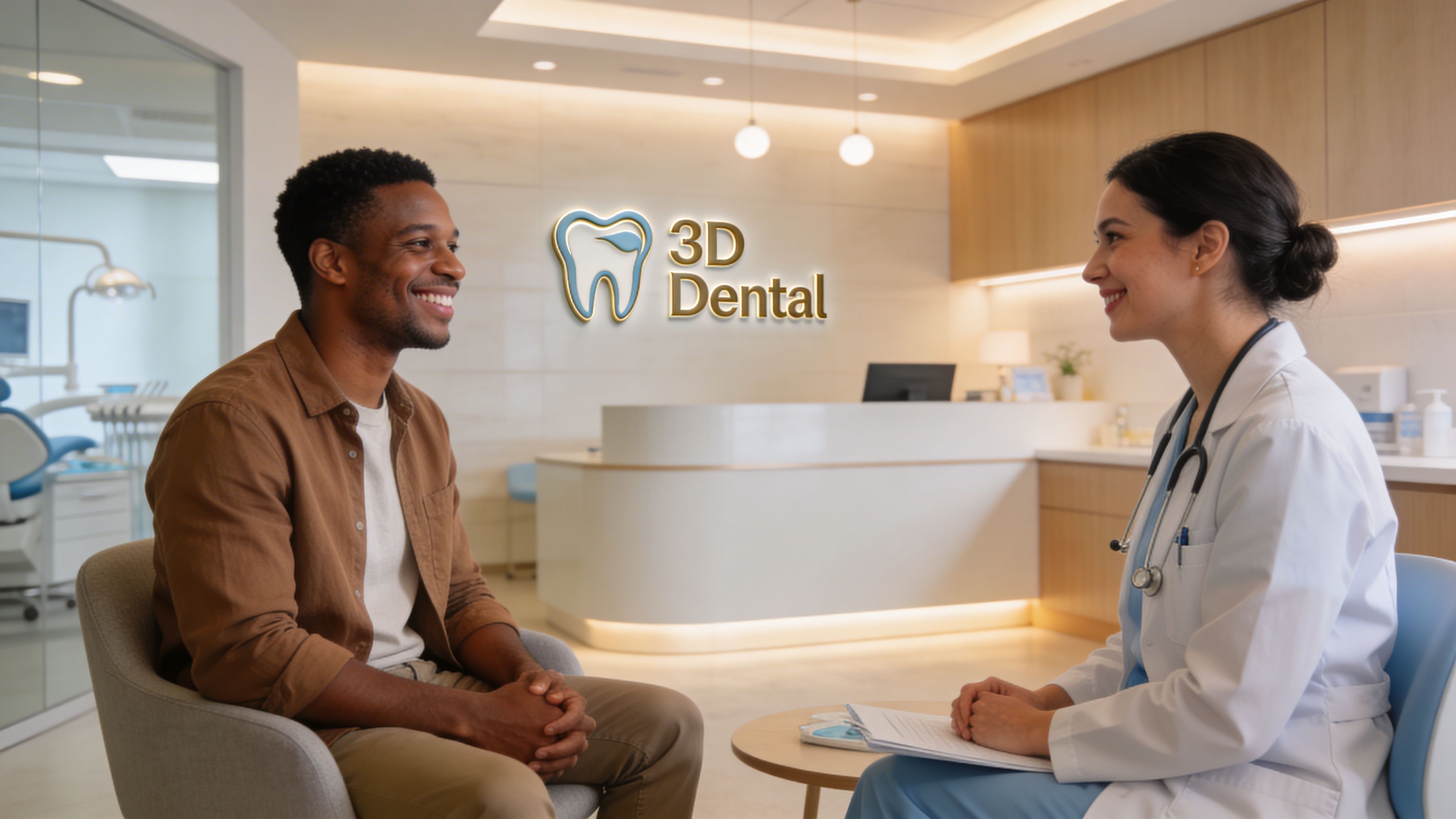 A friendly dentist consulting with a smiling patient in a modern dental office with 3D Dental branding.