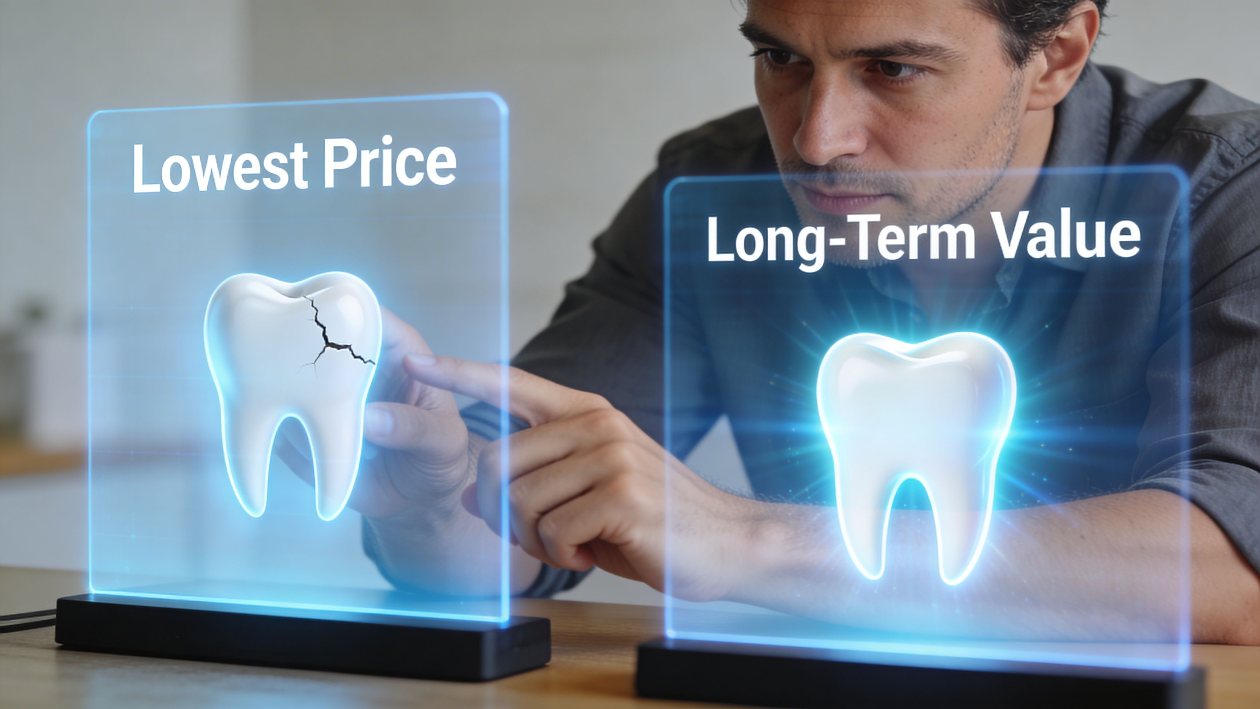 A man comparing a cracked tooth representing lowest price versus a healthy tooth representing long-term value.