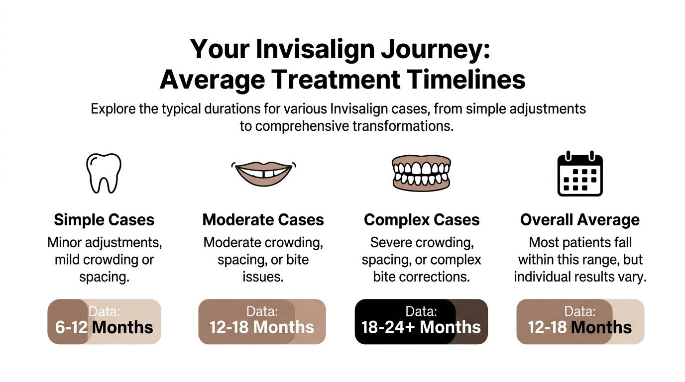 A chart showing typical Invisalign treatment timelines ranging from simple cases to complex dental corrections.