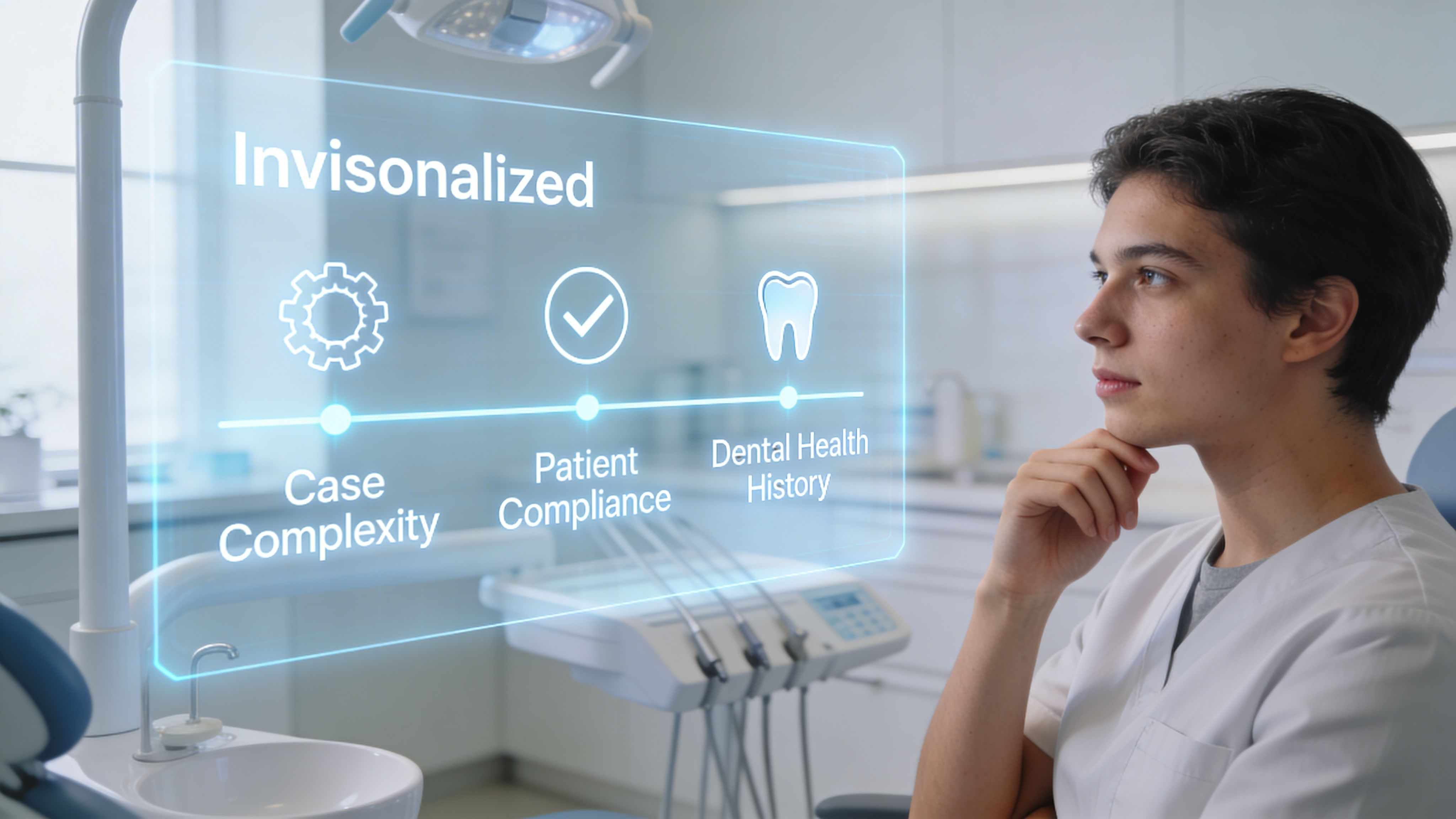A young dental professional looking at a holographic screen displaying Invisalign case analysis options in a clinic.