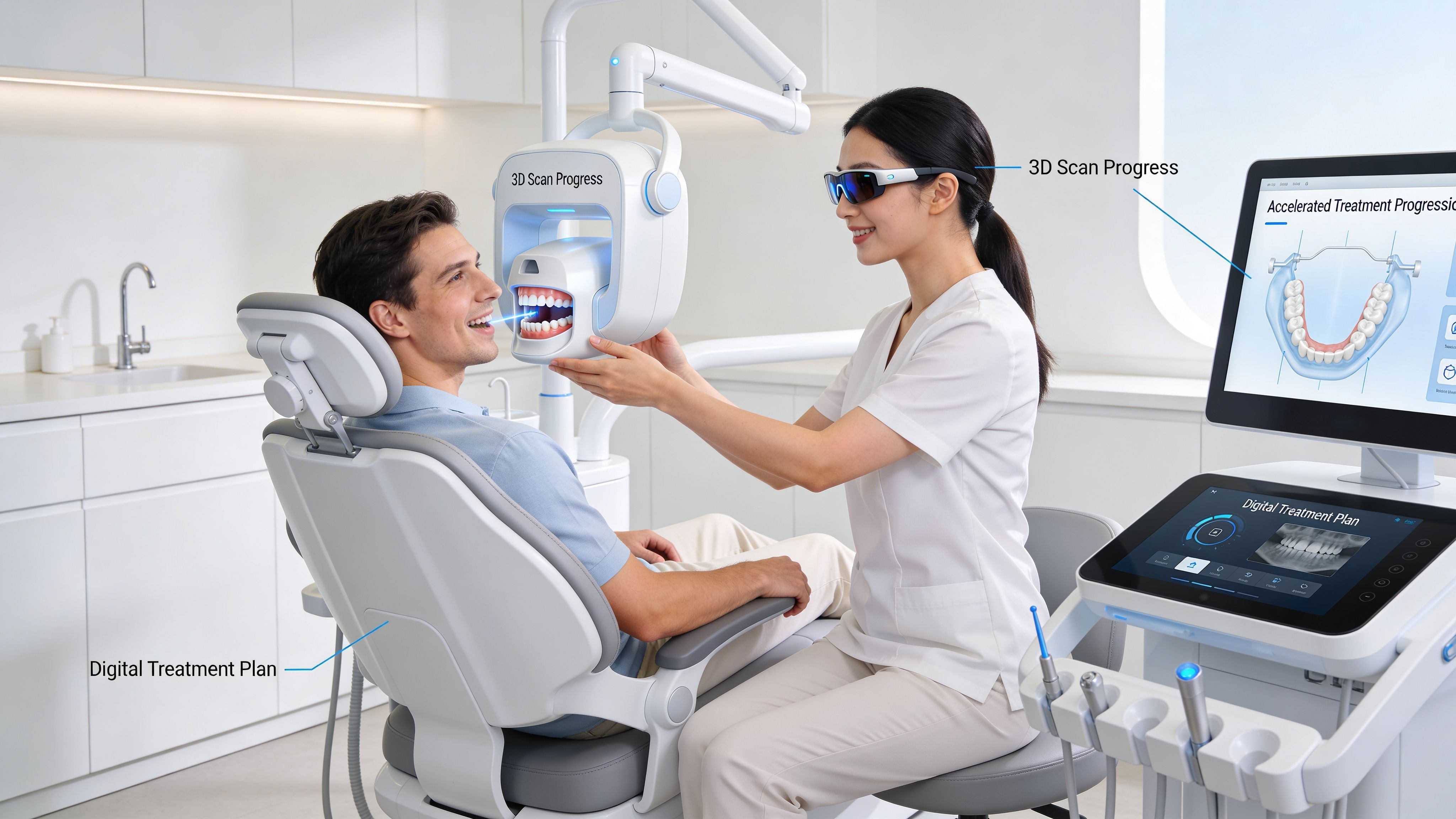 A dentist using an advanced 3D scanning device to examine a patient for a digital orthodontic treatment plan.