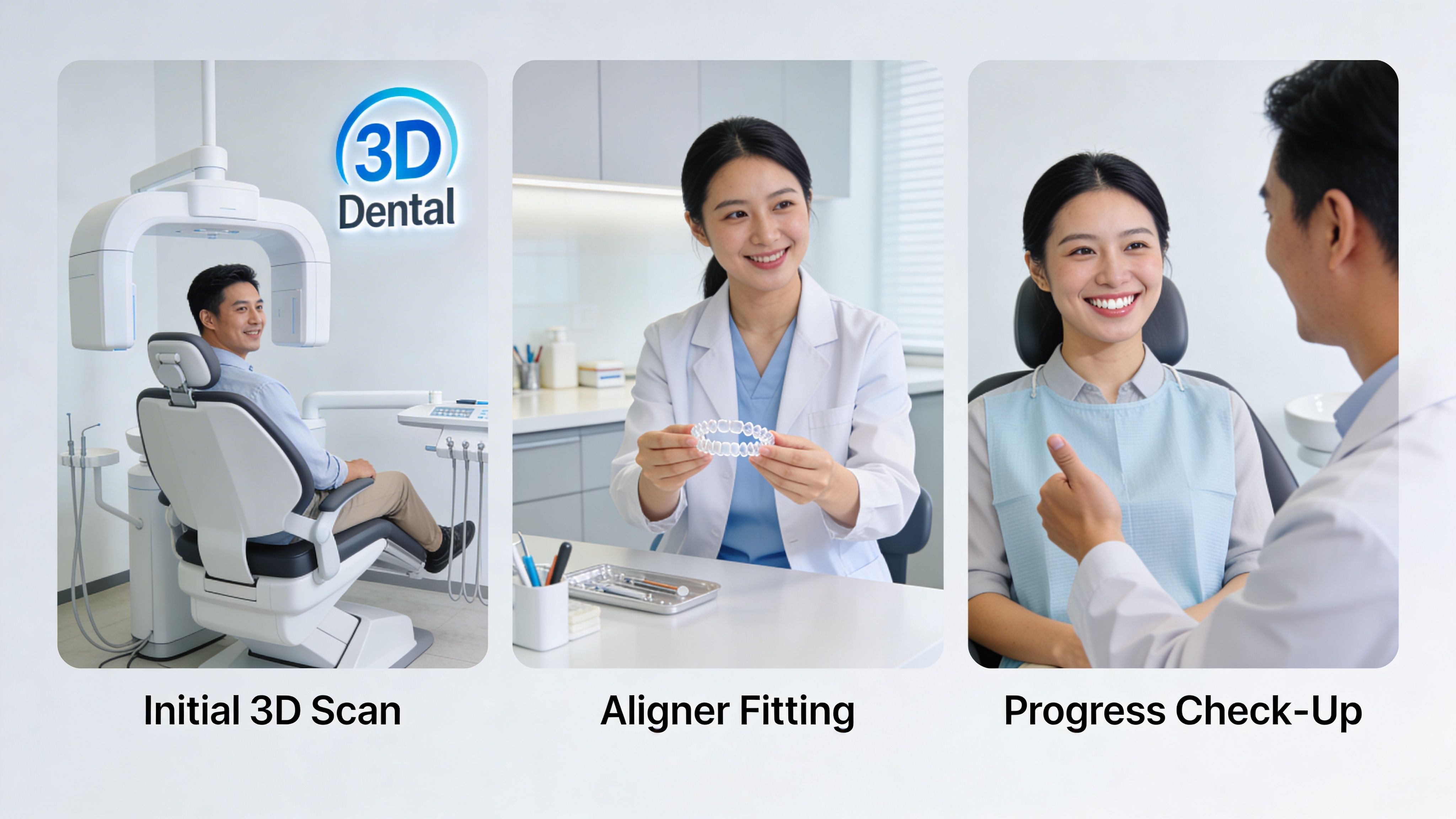 A three-step dental process showing a 3D scan, aligner fitting, and a final progress check-up appointment.