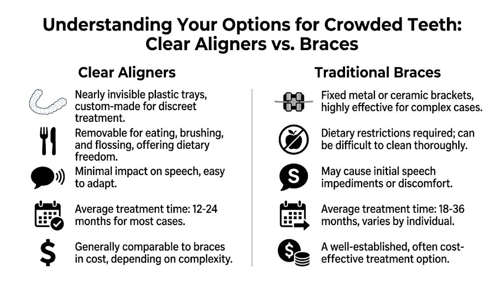 A comparison chart outlining the differences between clear aligners and traditional braces for crowded teeth treatment.