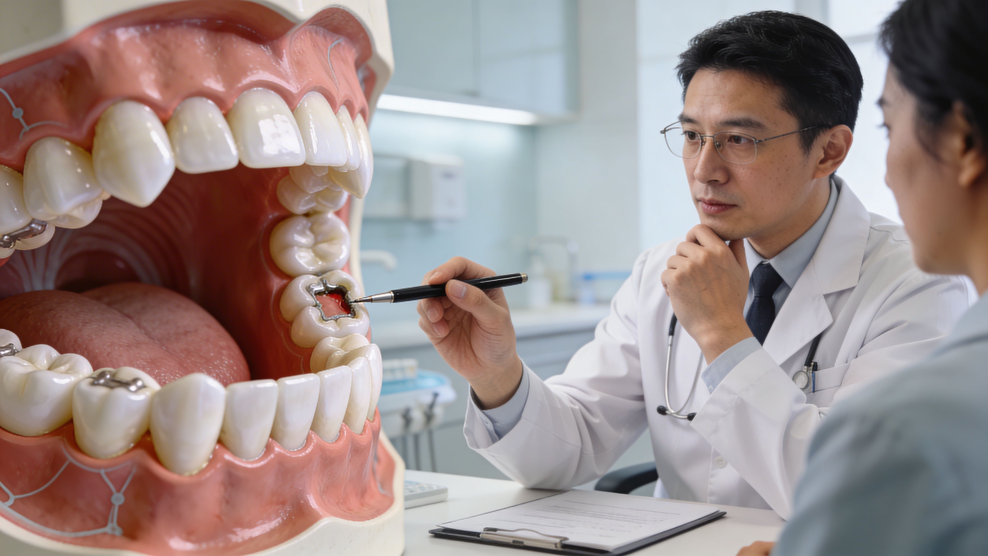A dentist explains a tooth procedure using a large anatomical model to a patient in an office.