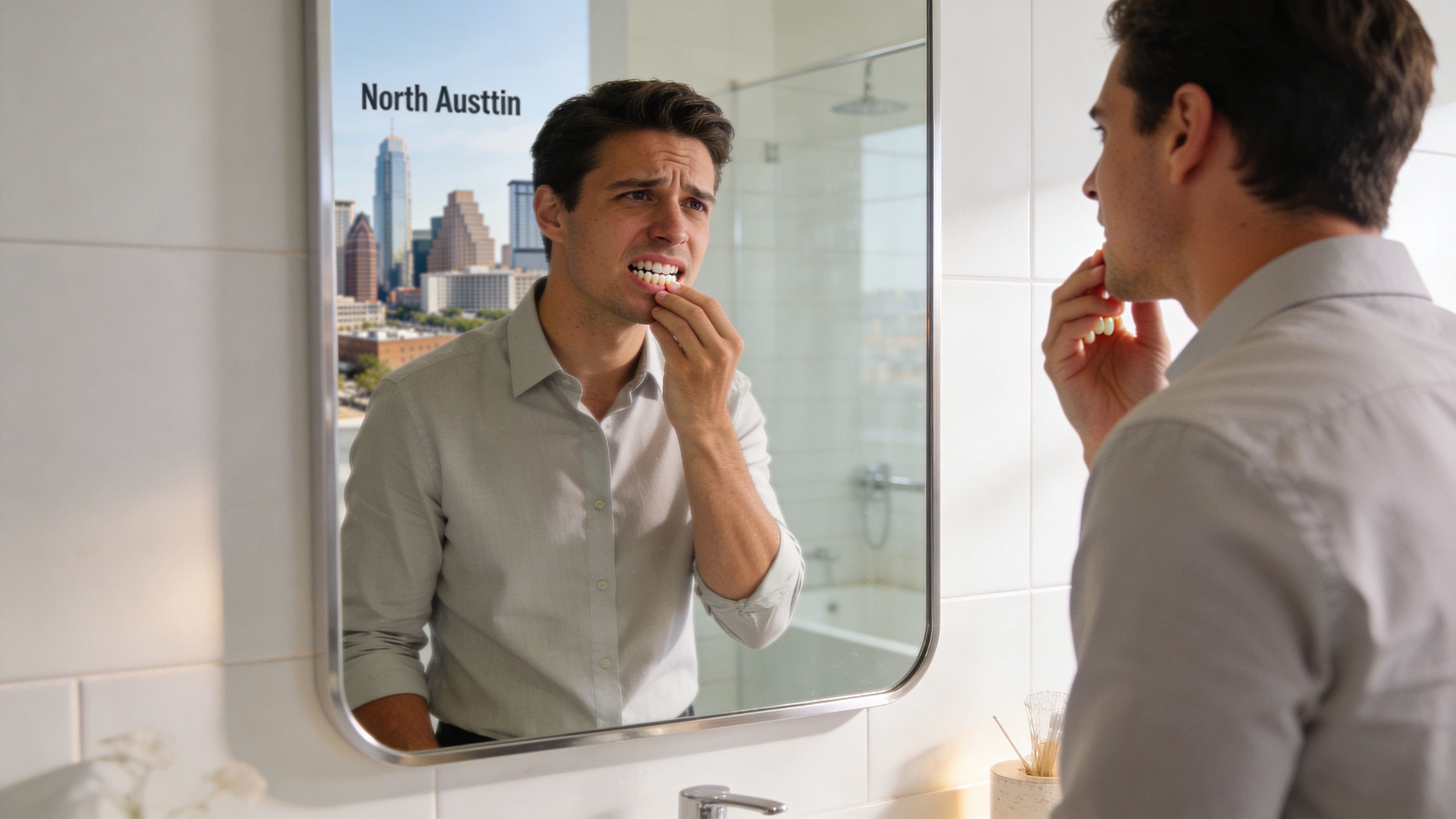 A concerned man examines his crowded teeth while looking into a bathroom mirror in Austin.