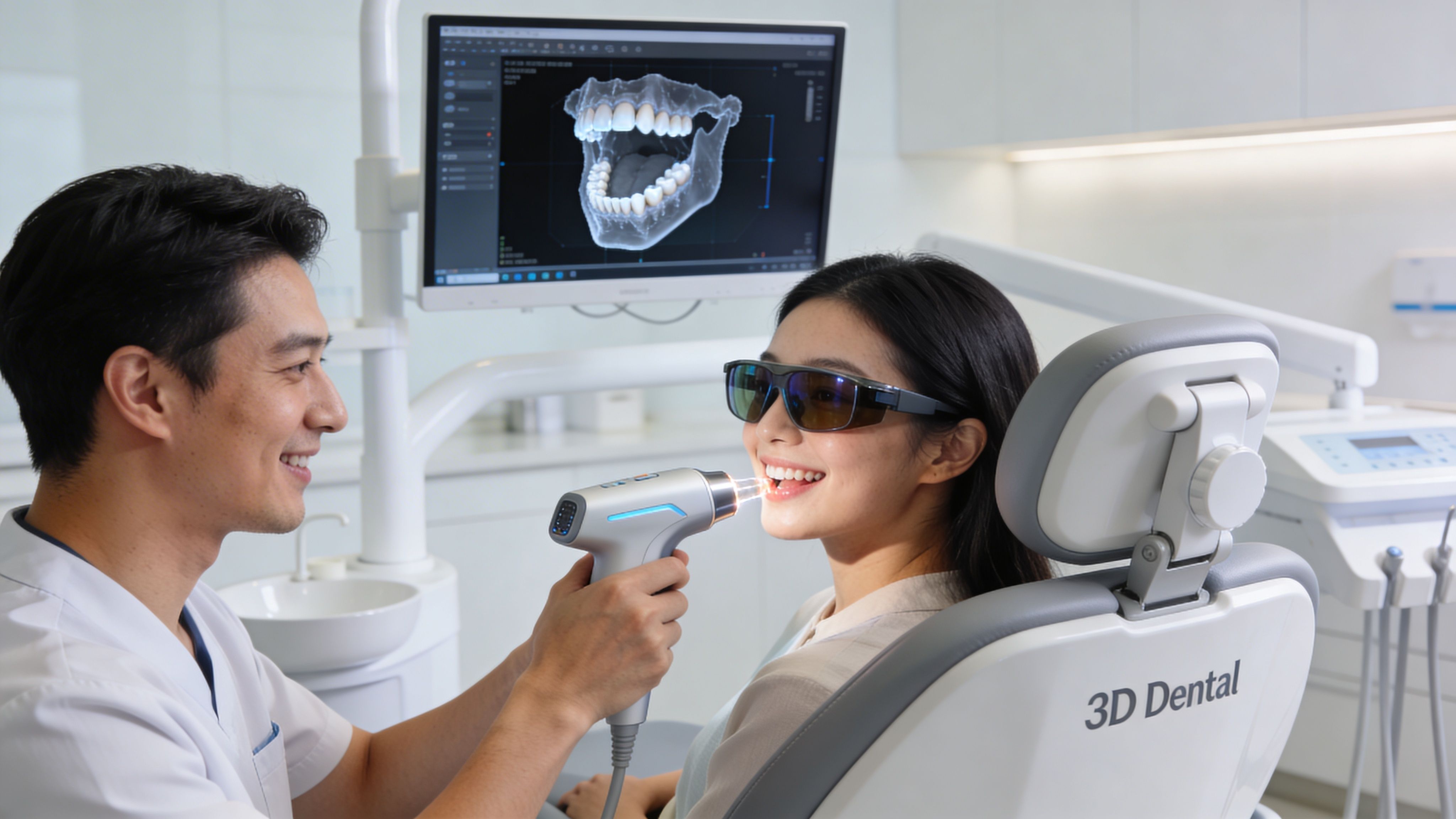 A professional dentist using a 3D intraoral scanner to examine a patient's teeth in a modern clinic.
