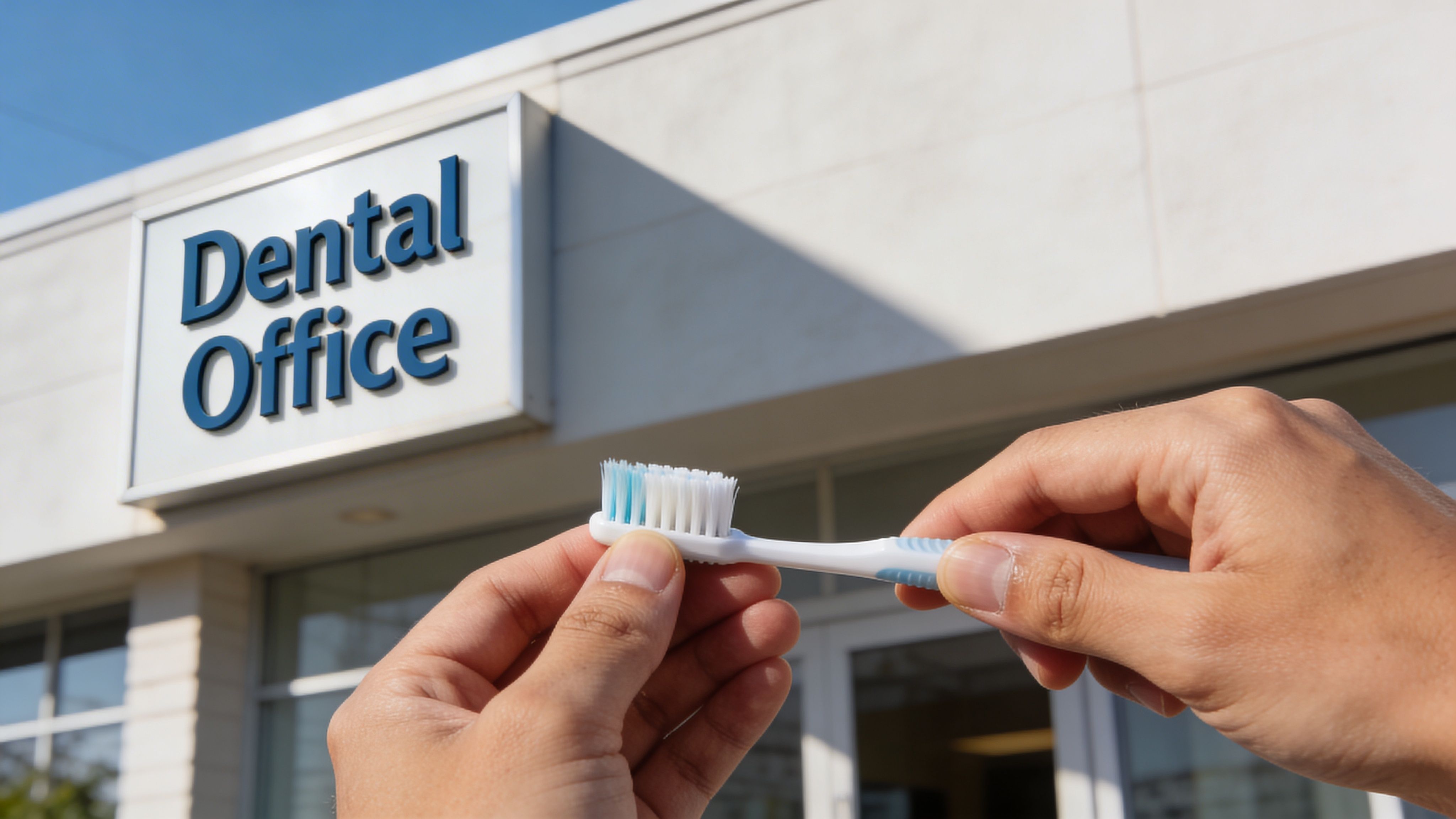 A close-up view of hands holding a toothbrush in front of a dental office sign.