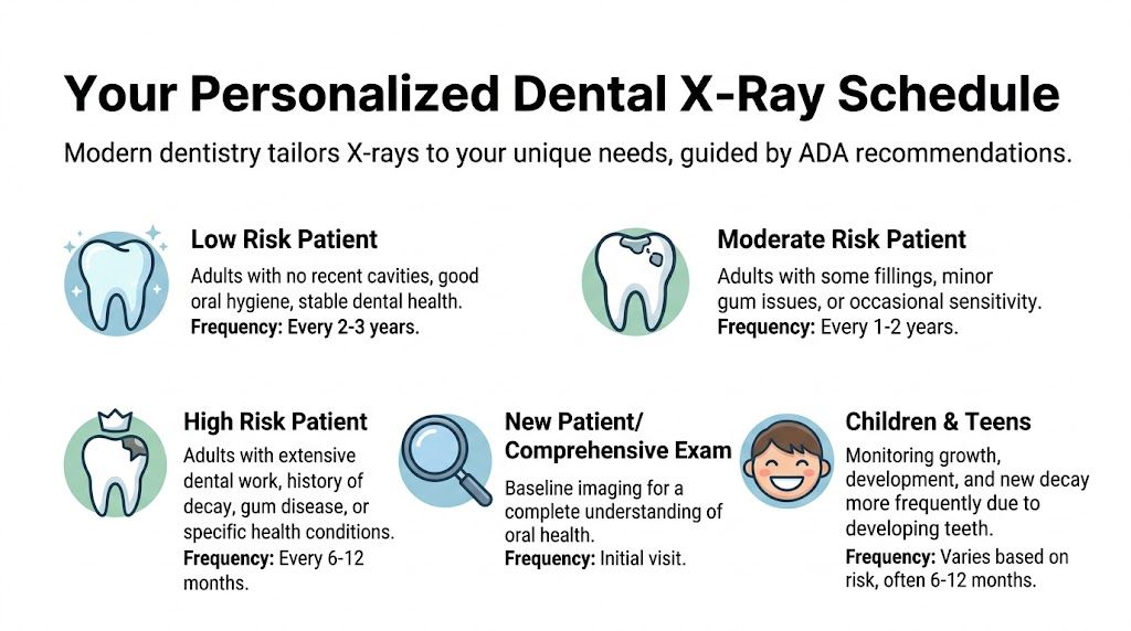 A chart explaining the recommended frequency of dental X-rays for patients based on different risk levels.