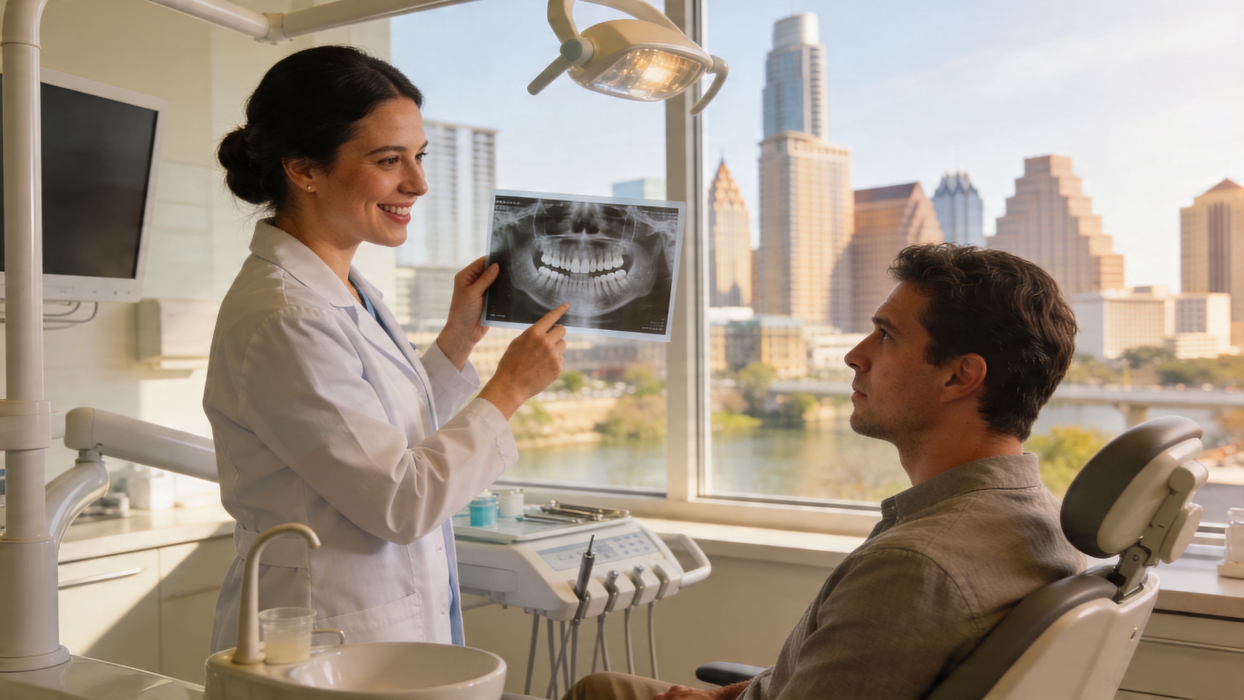 A friendly female dentist explaining dental x-rays to a male patient in a modern office with city views.