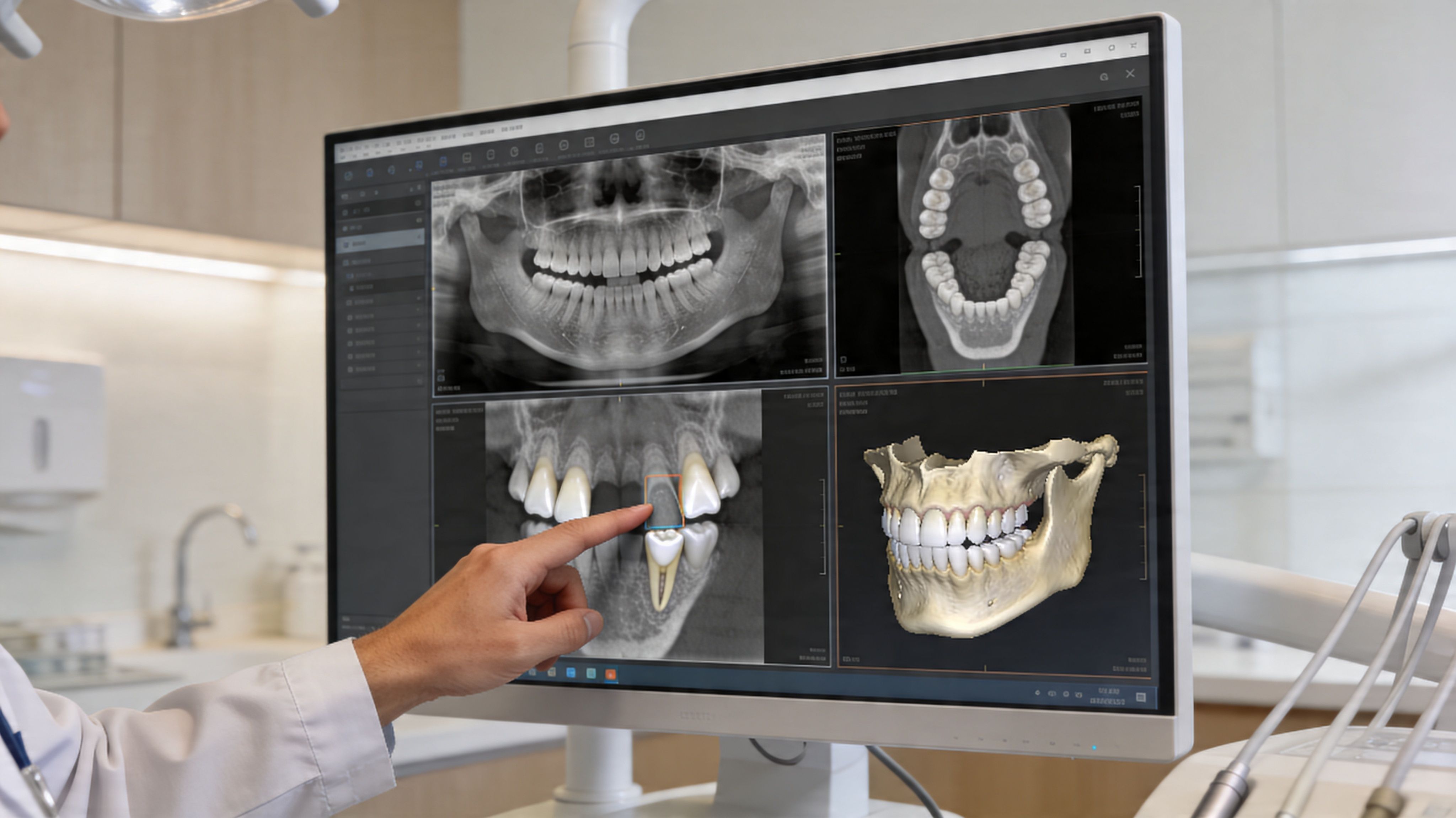 A dentist pointing at a digital dental x-ray on a computer screen in a modern clinic.