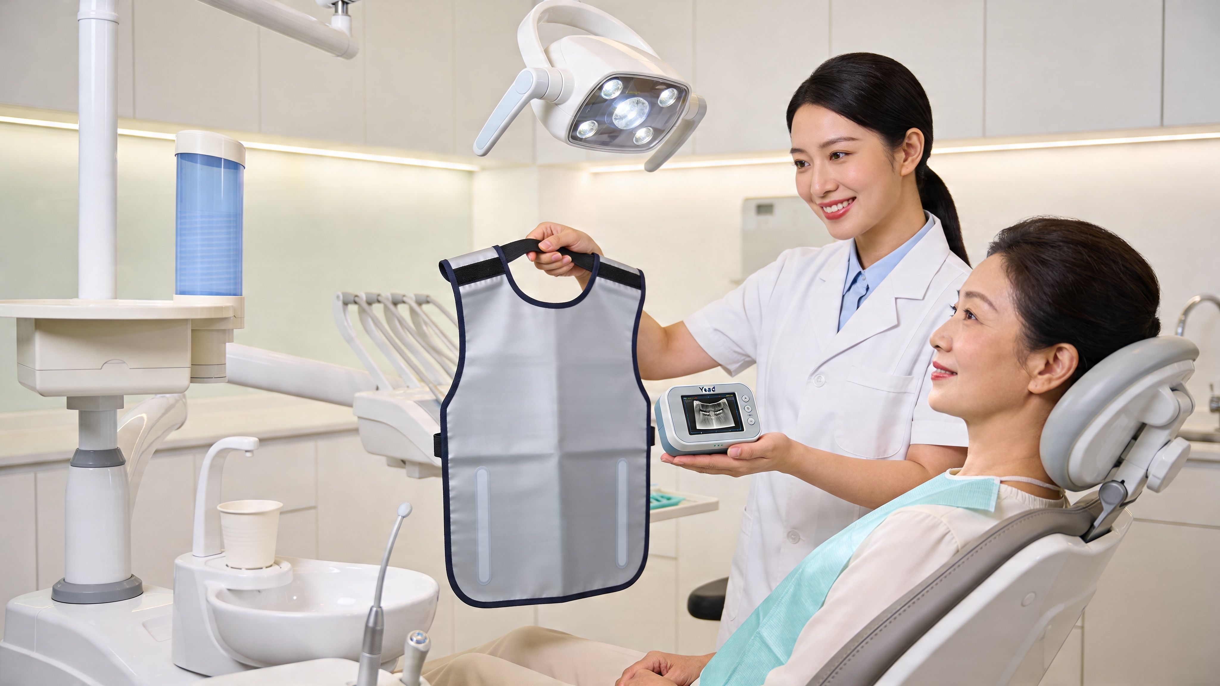 A friendly dentist showing a protective lead apron and handheld x-ray device to her female patient.