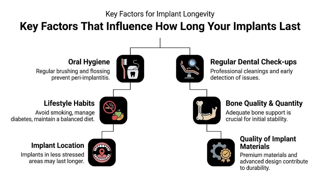 A diagram illustrating six key factors influencing the long-term durability and success of dental implants.