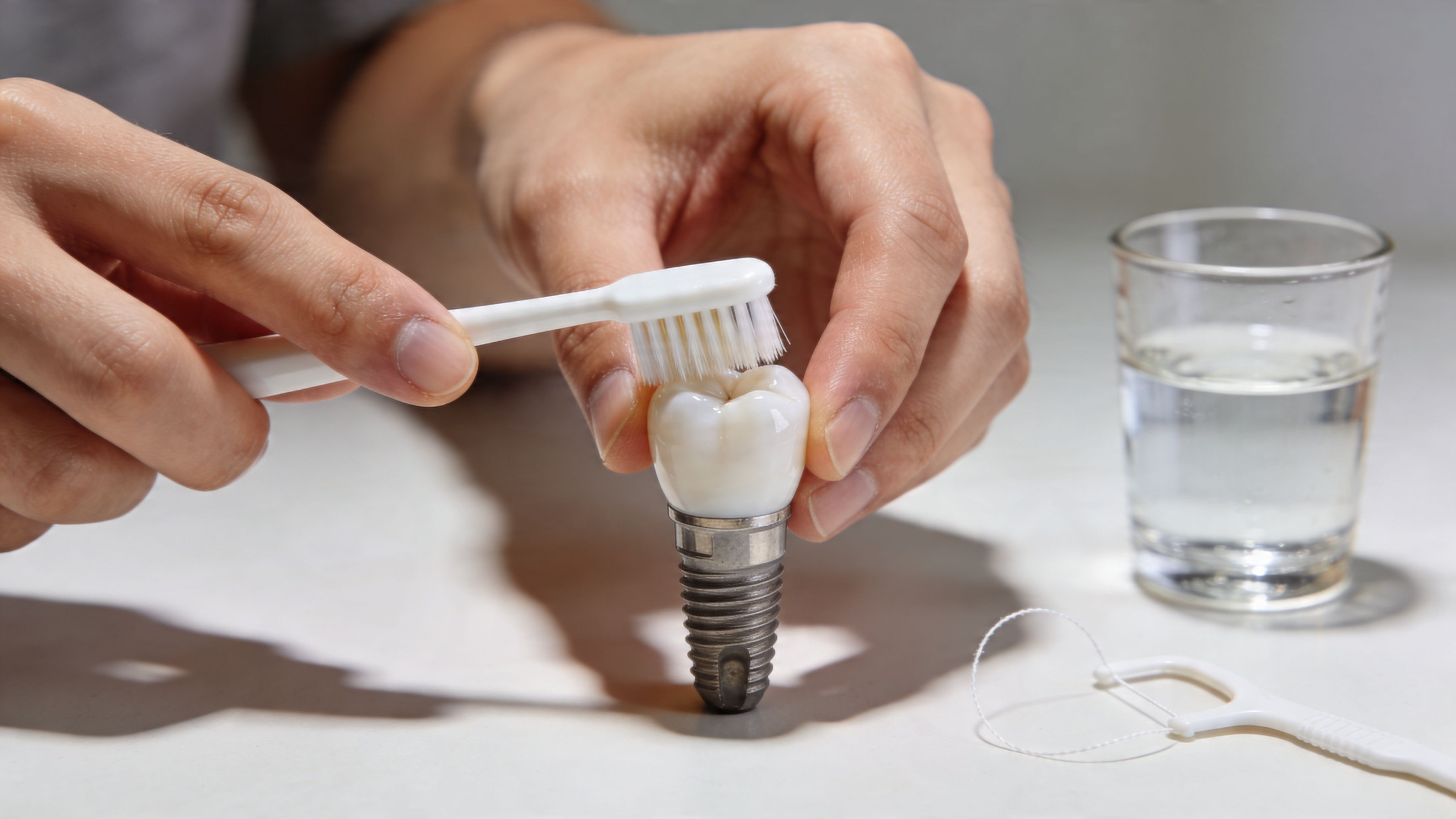 A person cleaning a dental implant model with a small toothbrush to demonstrate oral hygiene practices.