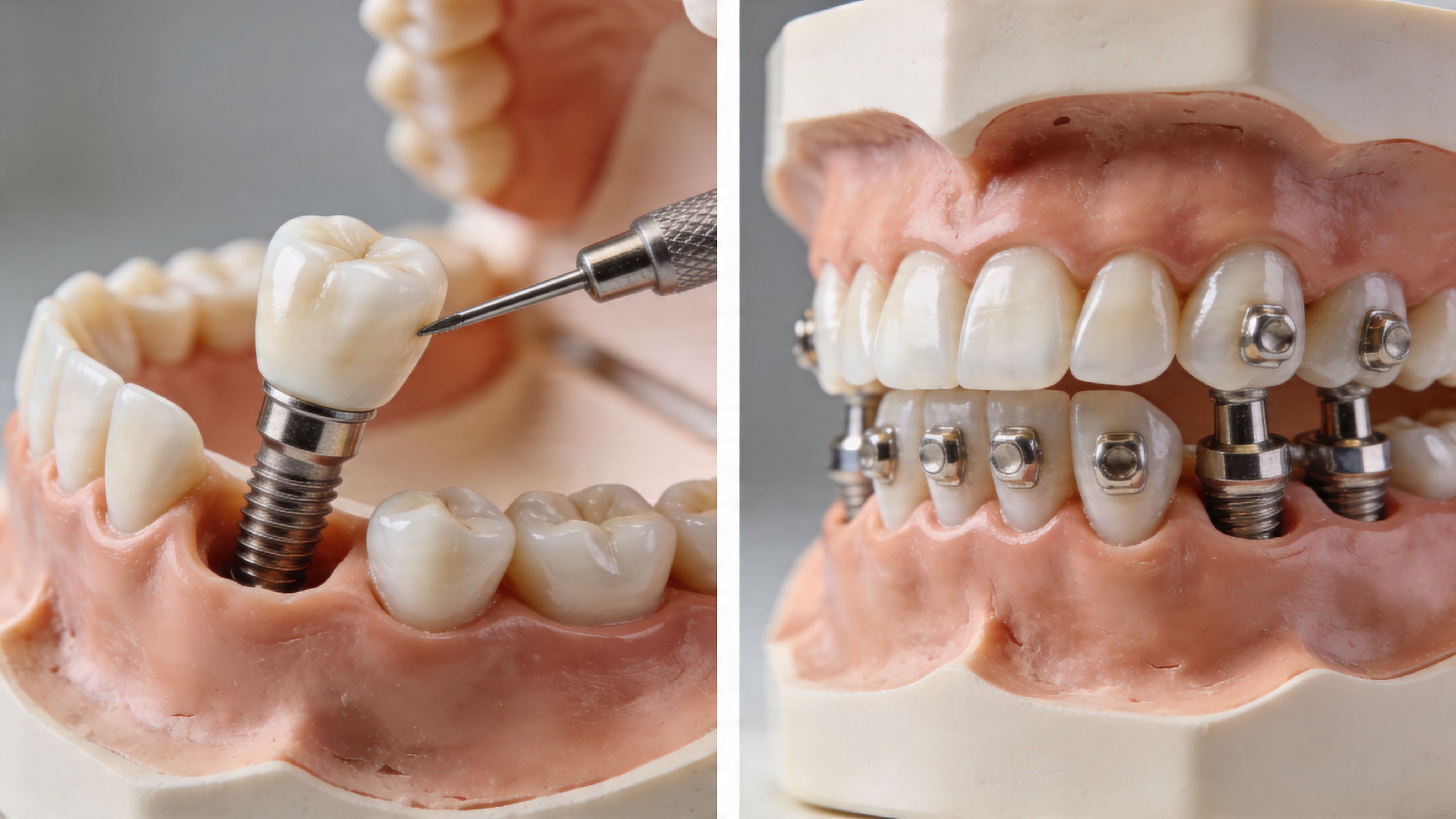 A split view showing dental models displaying a tooth implant procedure and permanent prosthetic restorations with braces.