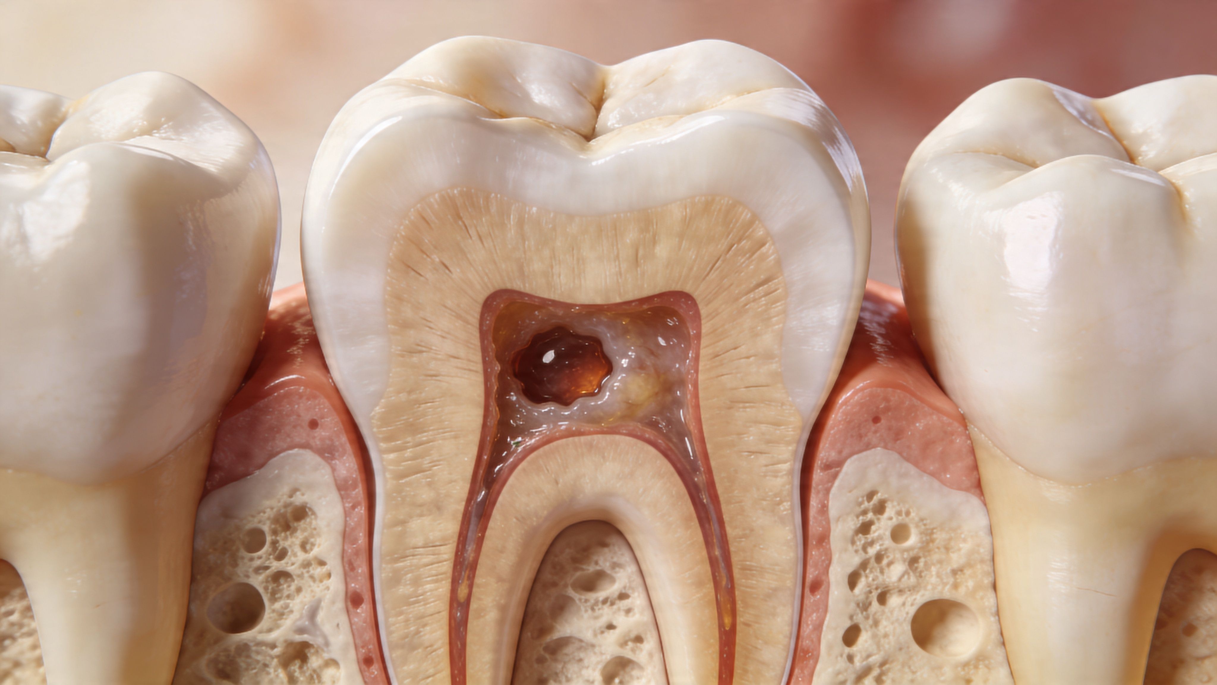 A cross-section illustration of a human tooth showing a deep infection and abscess in the pulp chamber.