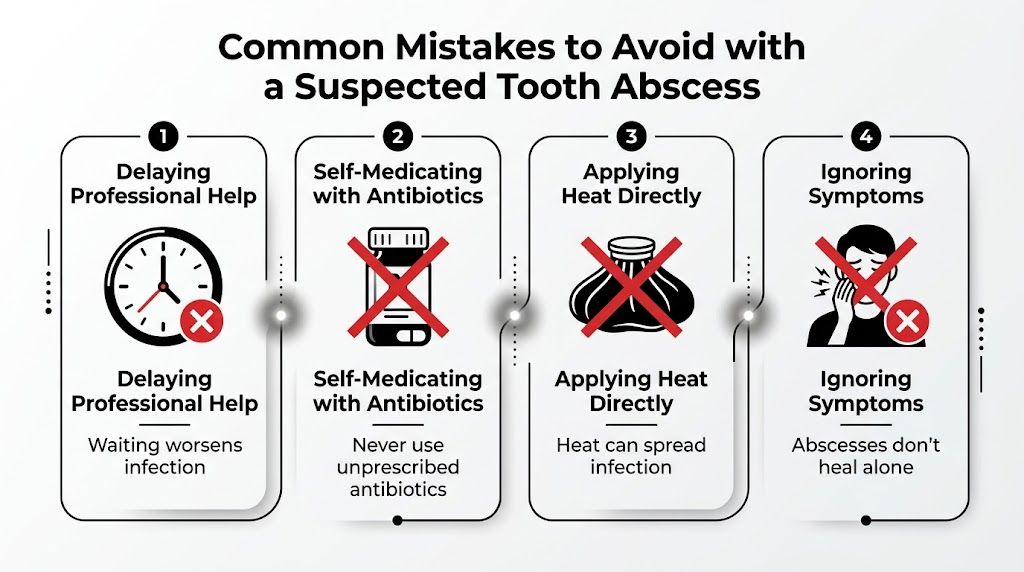 An infographic detailing four common mistakes to avoid when dealing with a suspected tooth abscess infection.