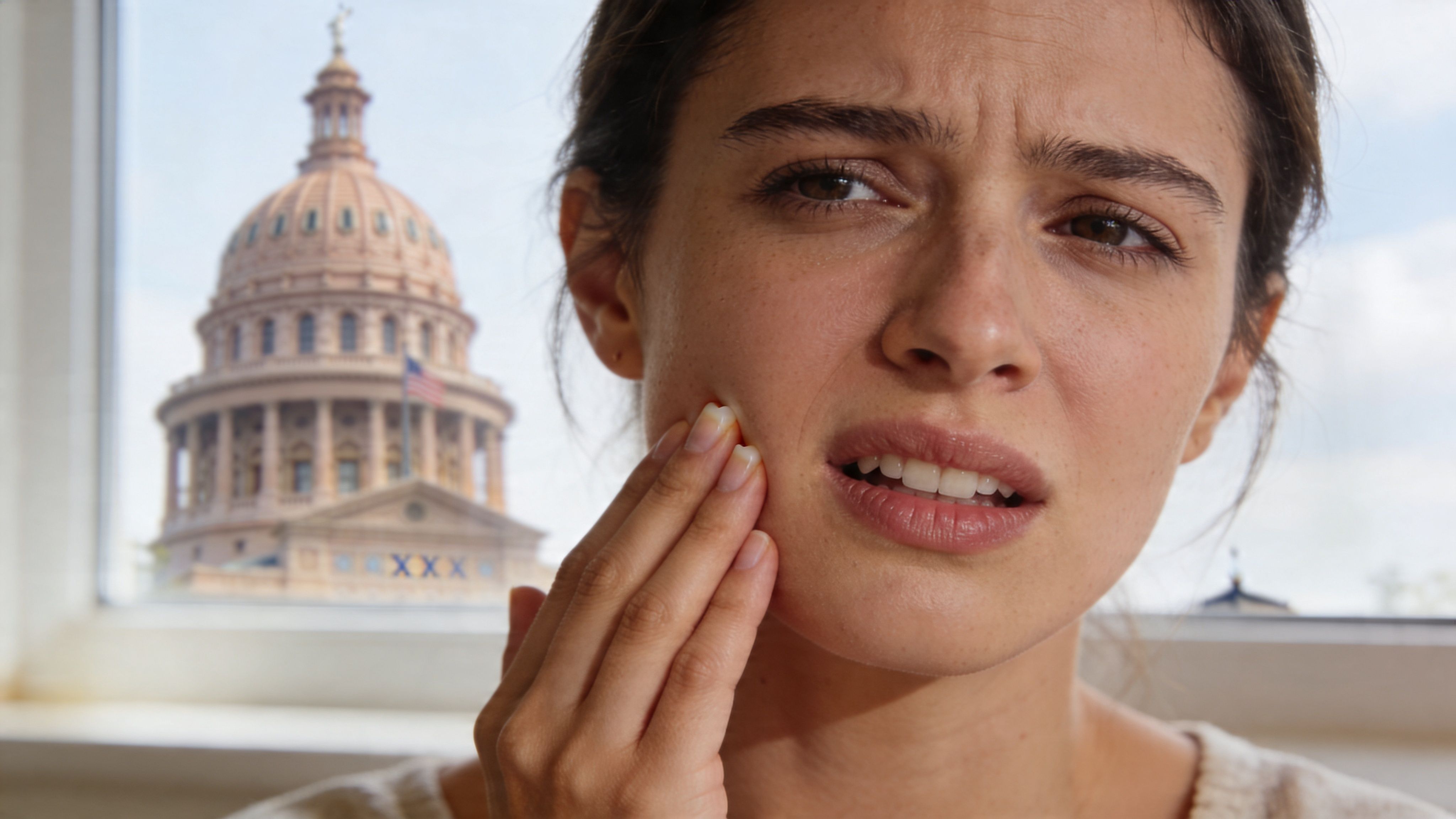 A young woman looking visibly distressed while experiencing severe tooth pain and holding her cheek in discomfort.