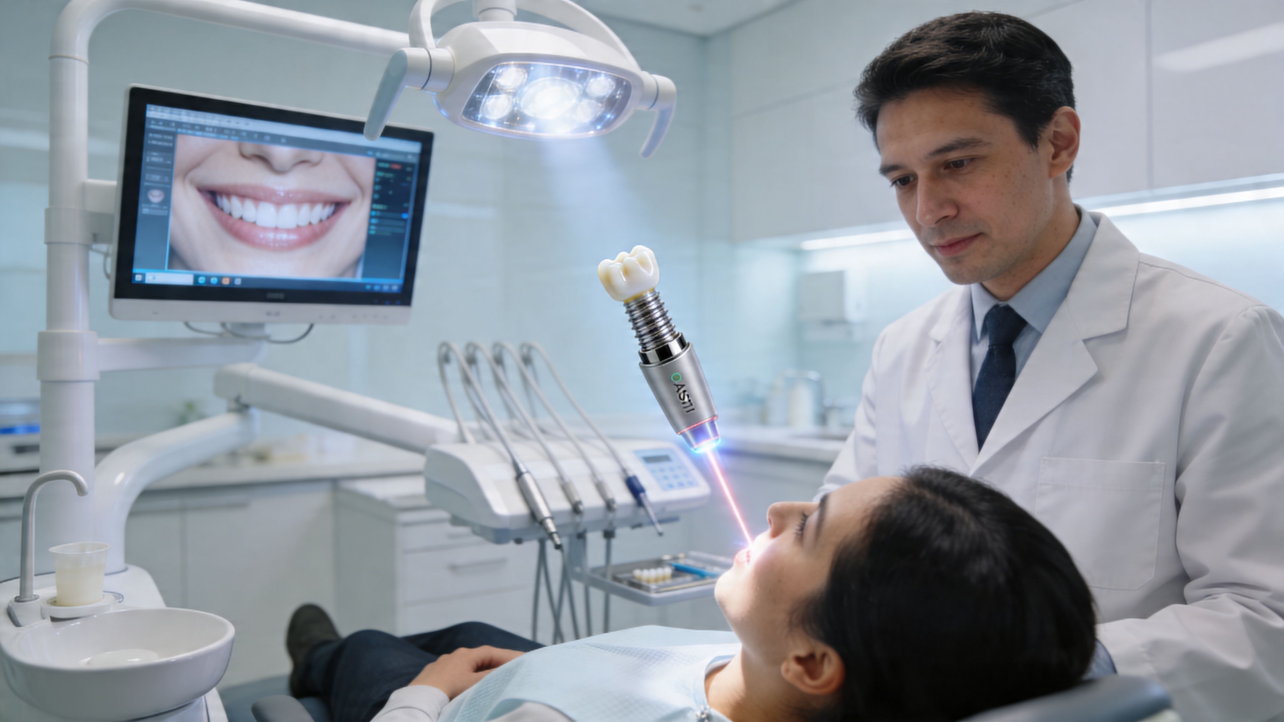 A dentist uses advanced laser technology to perform a precise procedure on a patient in a clinic.