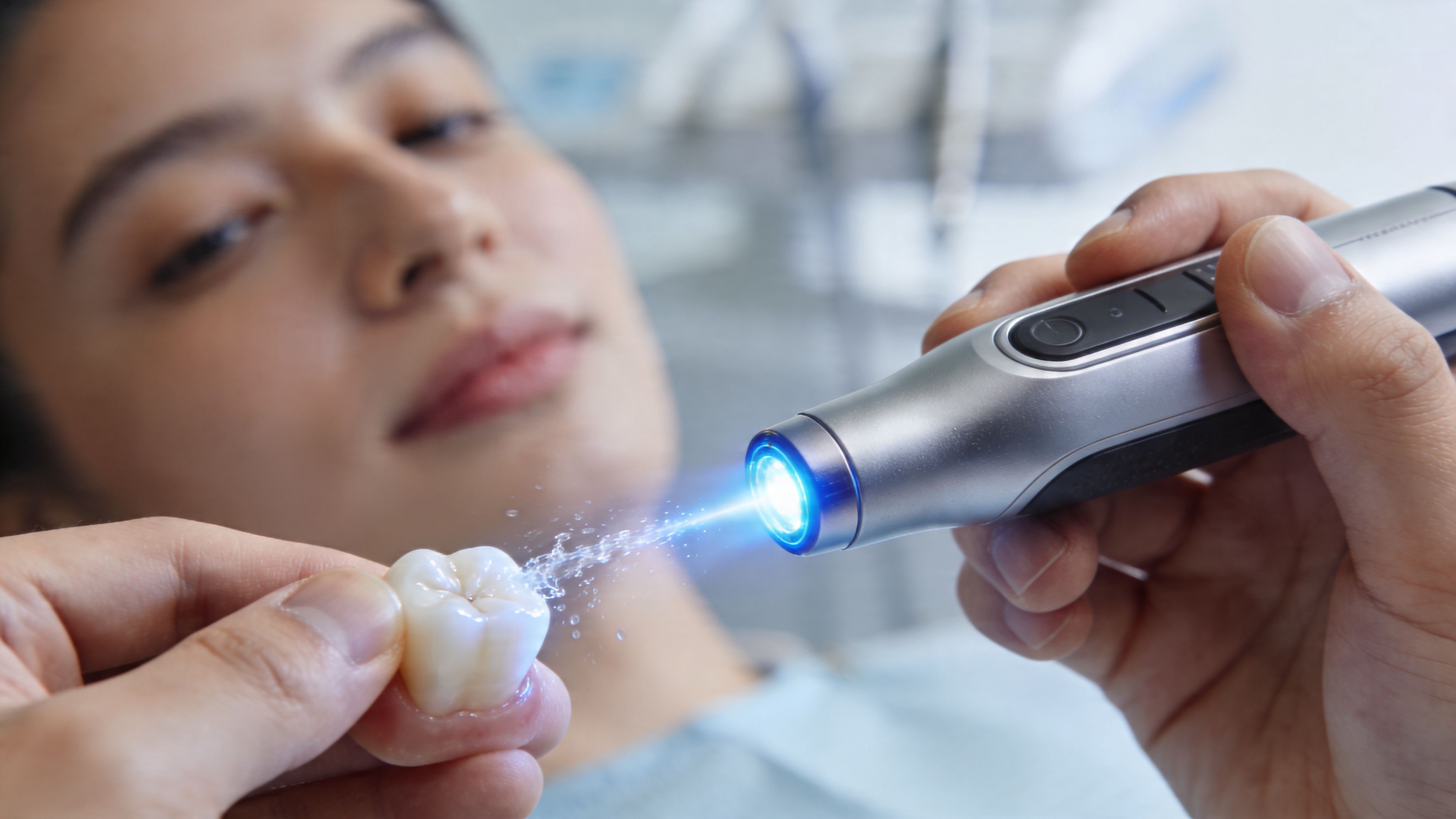 A dentist uses a blue laser device to treat a detached prosthetic tooth during a dental procedure.