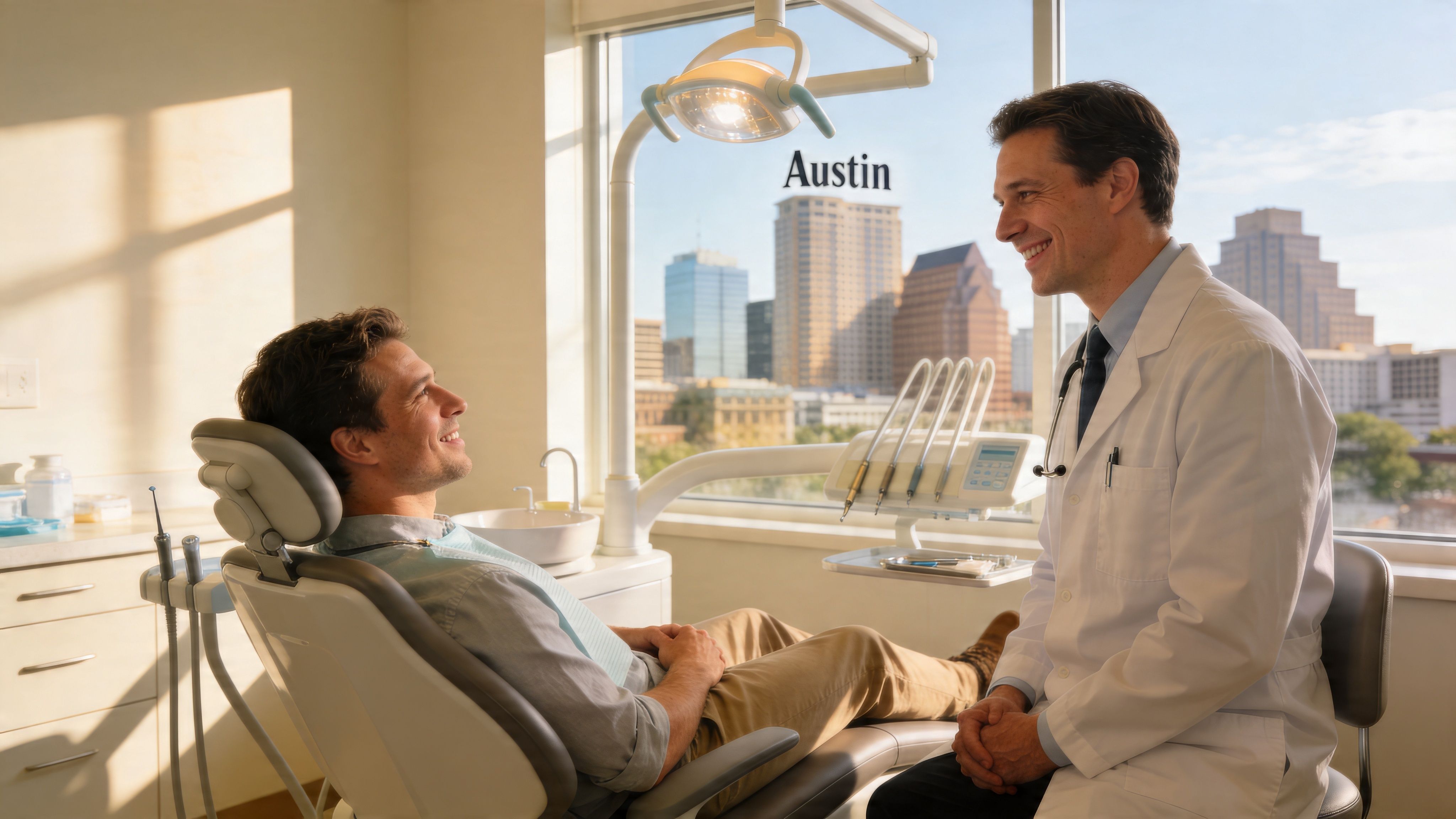 A friendly dentist talking to his patient in a modern dental office with an Austin city view.