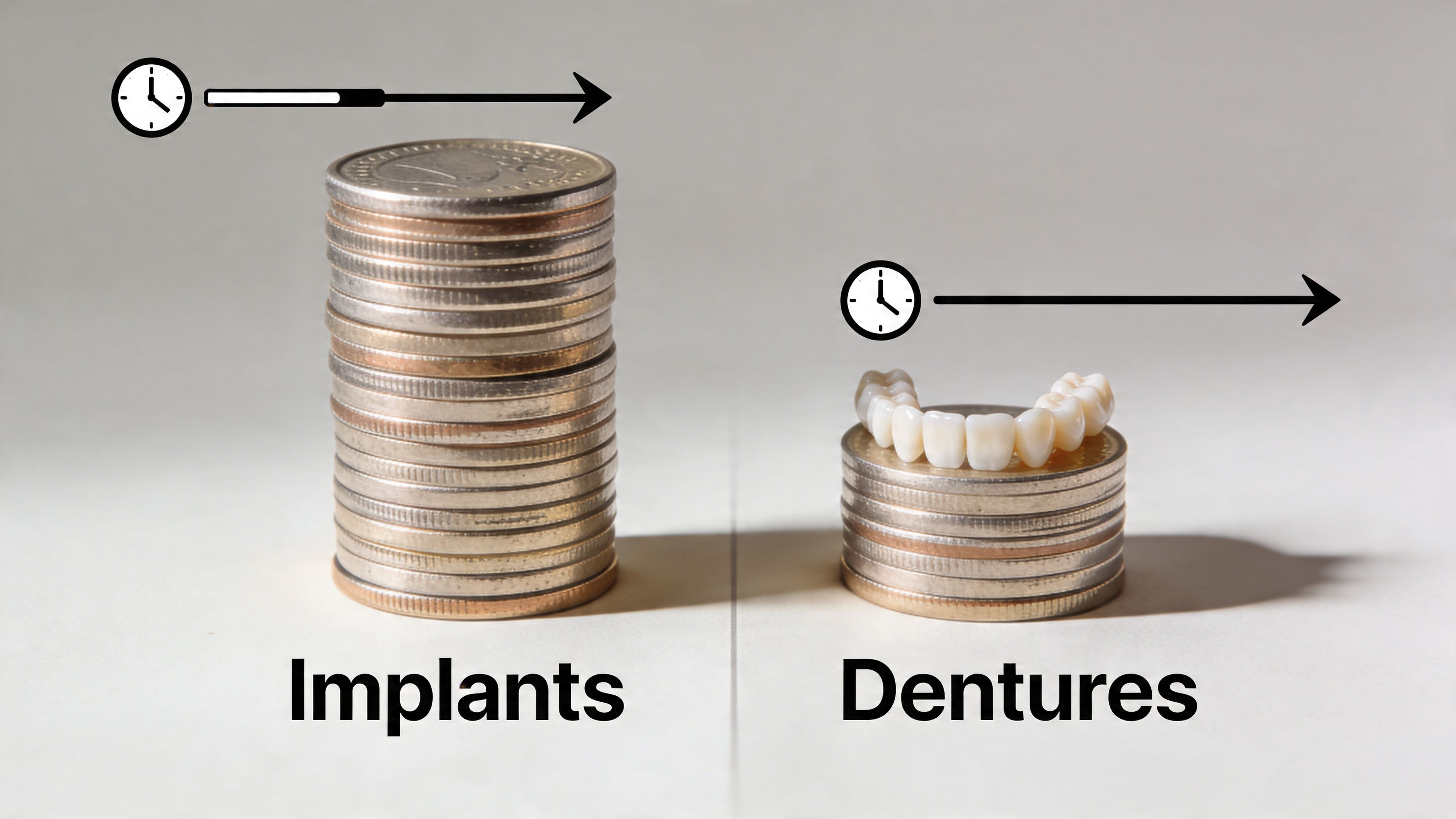 A conceptual comparison showing a tall stack of coins for dental implants versus a smaller stack for dentures.