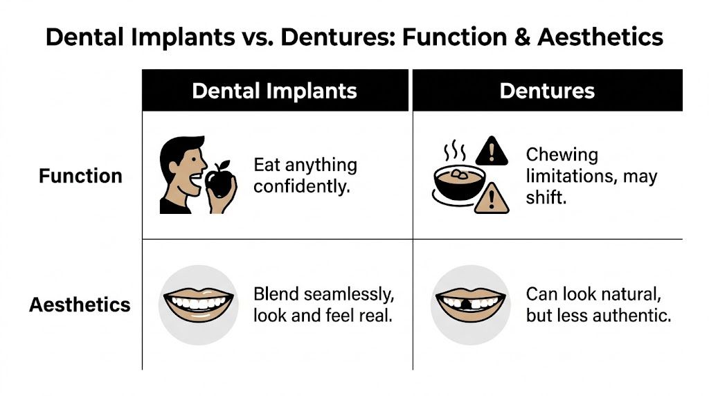 A comparison table outlining the functional and aesthetic differences between dental implants and traditional dentures.