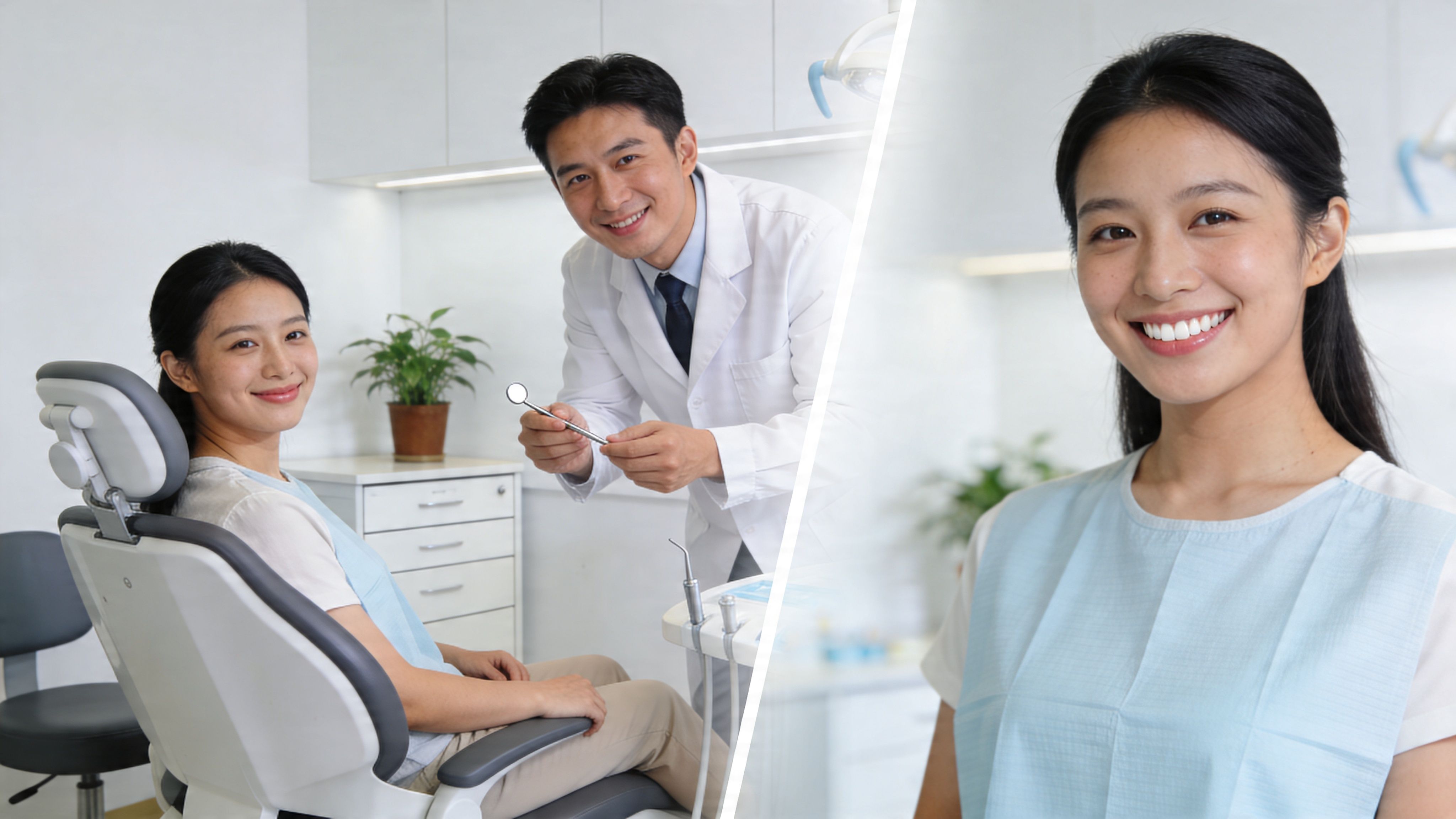 A friendly dentist consults with a smiling young woman patient in a modern professional dental clinic.