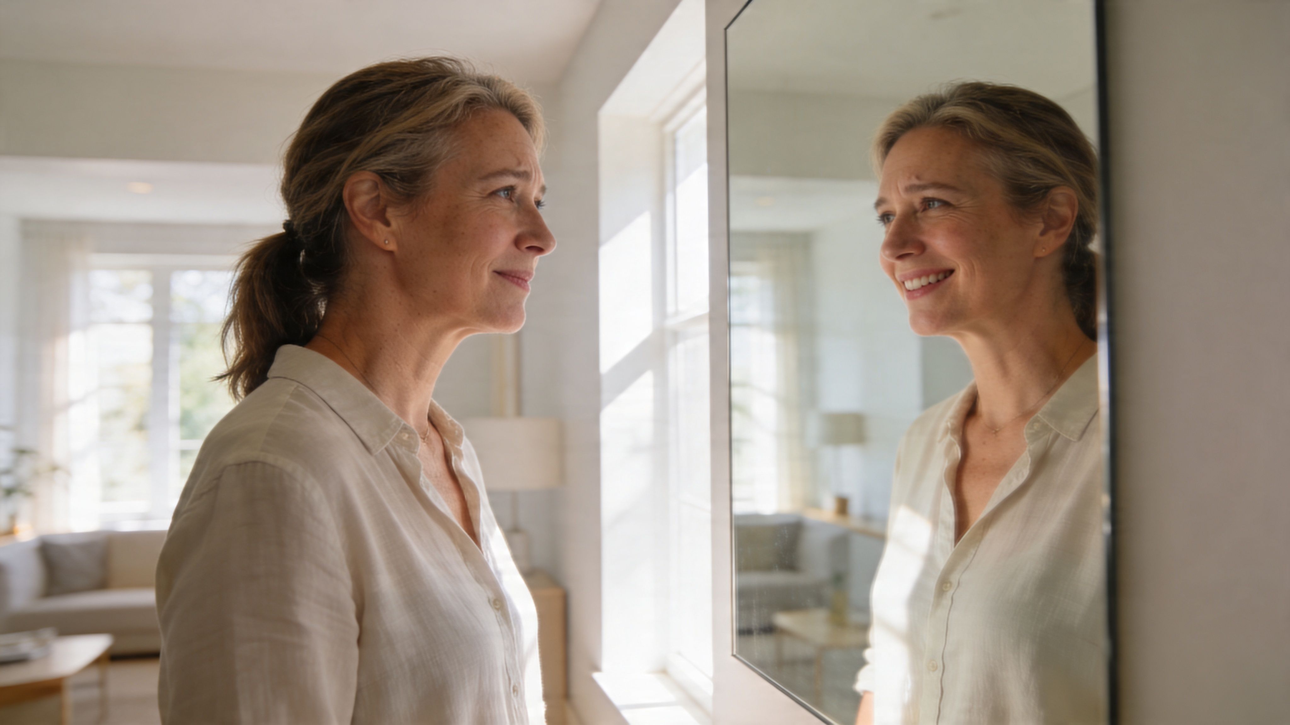A mature woman smiling at her reflection in the mirror, highlighting confidence and healthy dental smile.