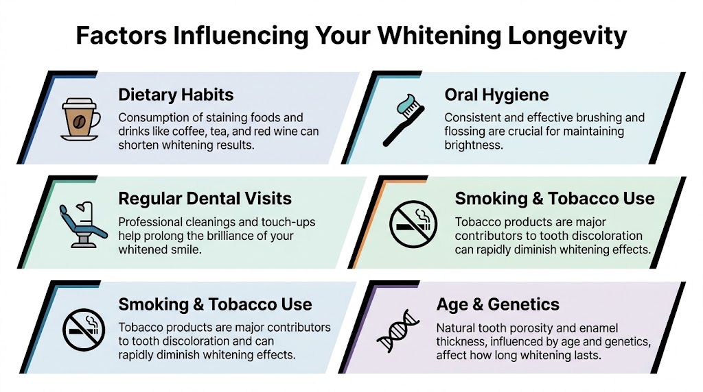 An infographic showing factors influencing teeth whitening longevity, including dietary habits, oral hygiene, dental visits, tobacco use, and genetics.