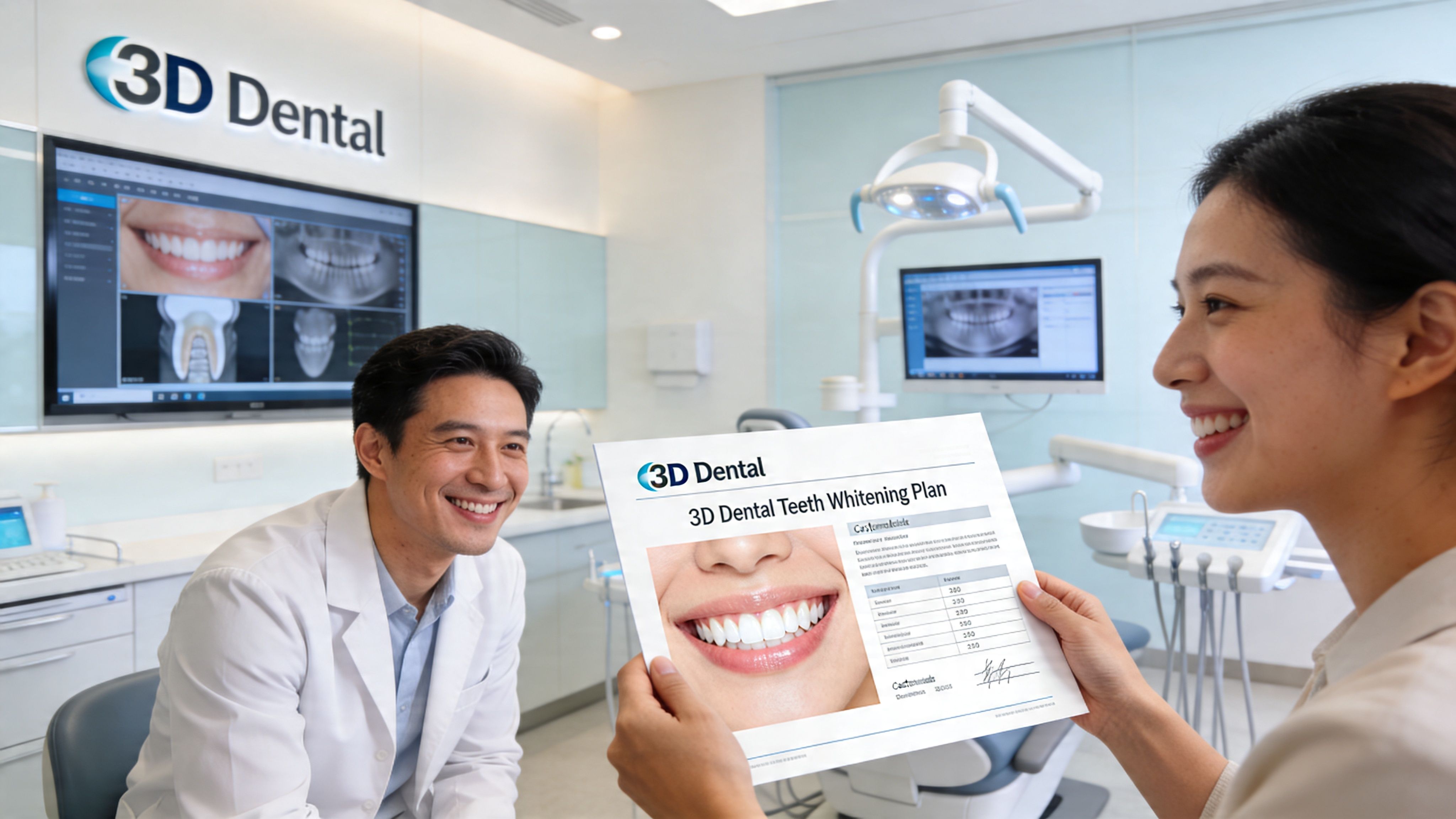 A friendly dentist consults with a patient about a teeth whitening plan in a modern clinic.