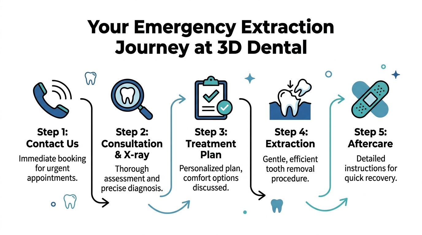 A five-step infographic showing the emergency tooth extraction process at 3D Dental with icons for each stage.