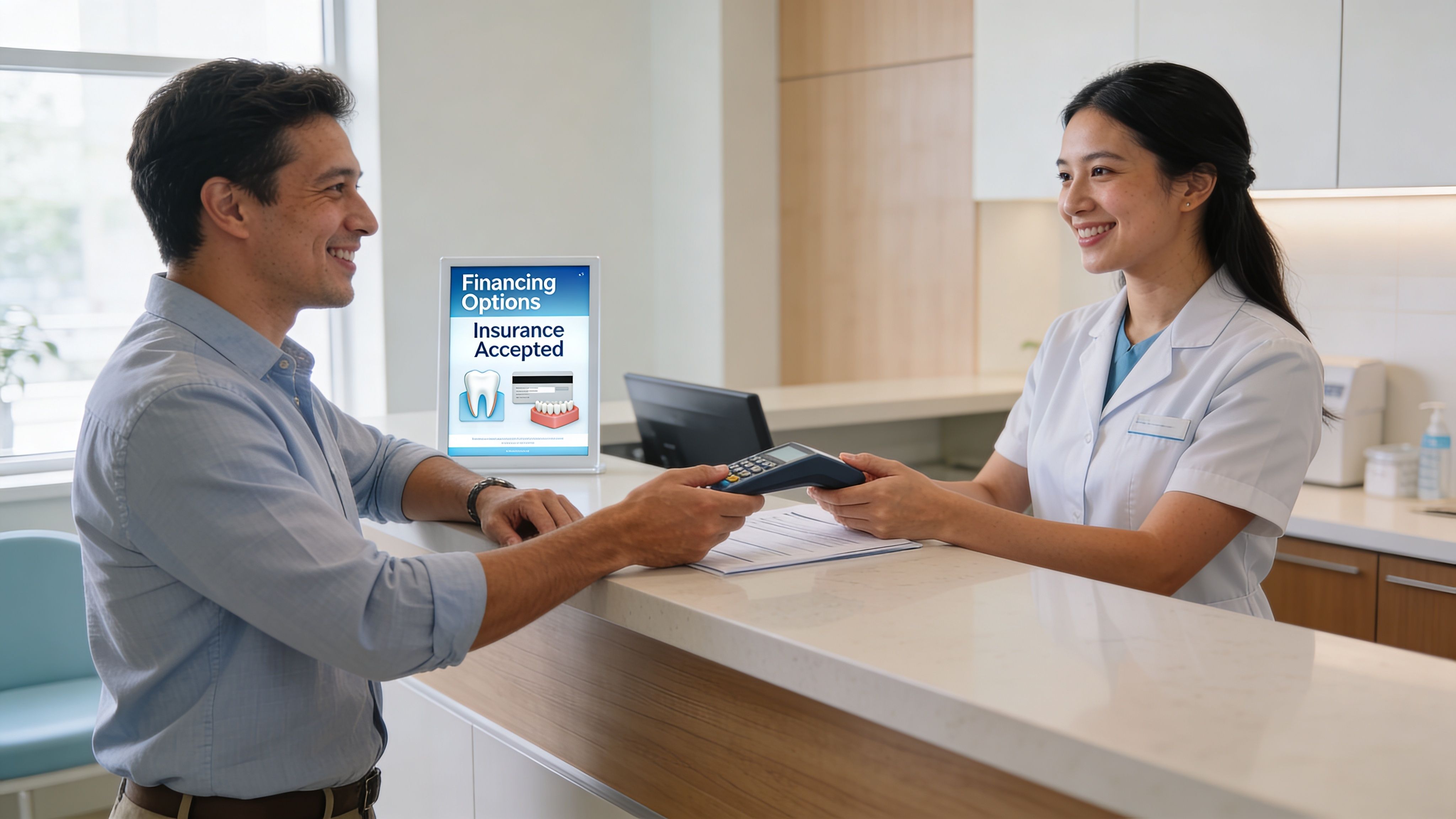 A smiling patient pays for a dental service at a modern clinic reception desk with a card reader.