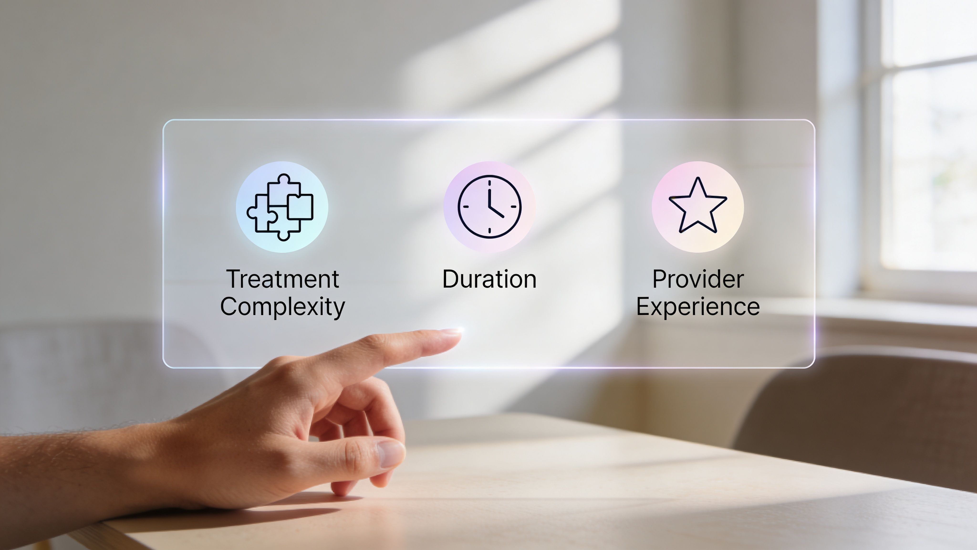 A person touching a digital interface showing Treatment Complexity, Duration, and Provider Experience icons for dental treatment planning.