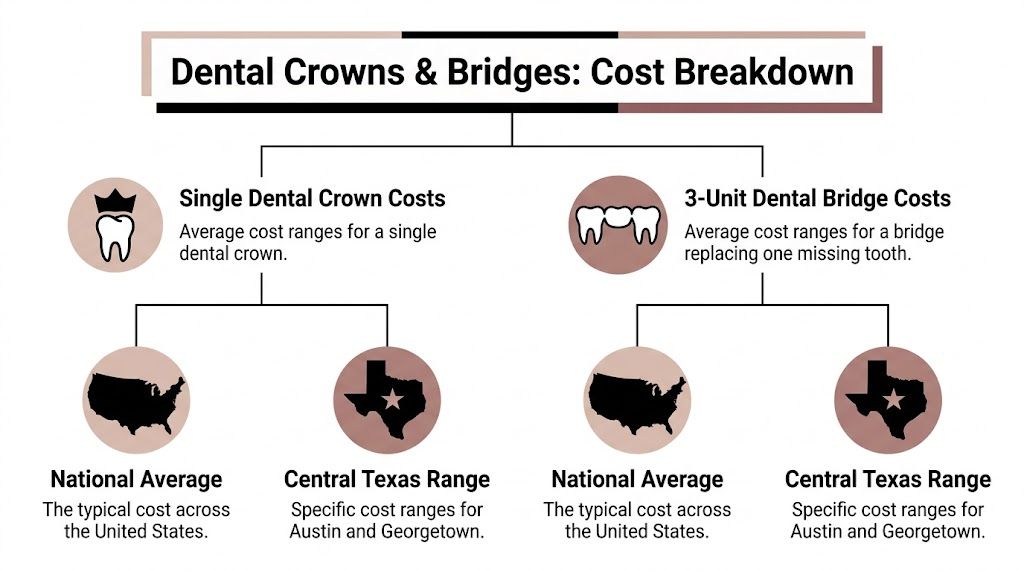 A flowchart infographic comparing the national and regional costs for dental crowns and three-unit dental bridges.