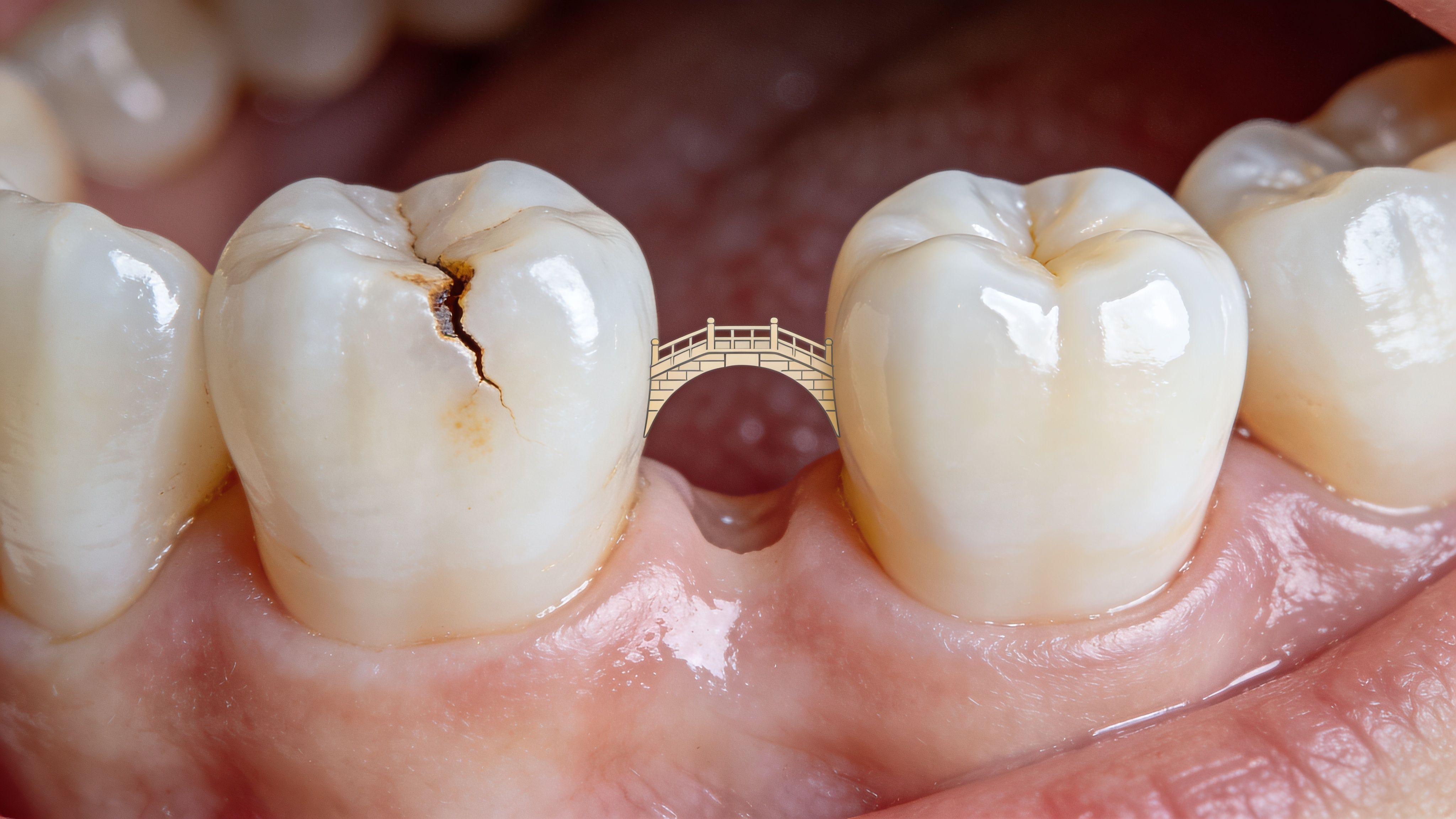 A close up view of human teeth showing a gap between molars with a symbolic bridge illustration.