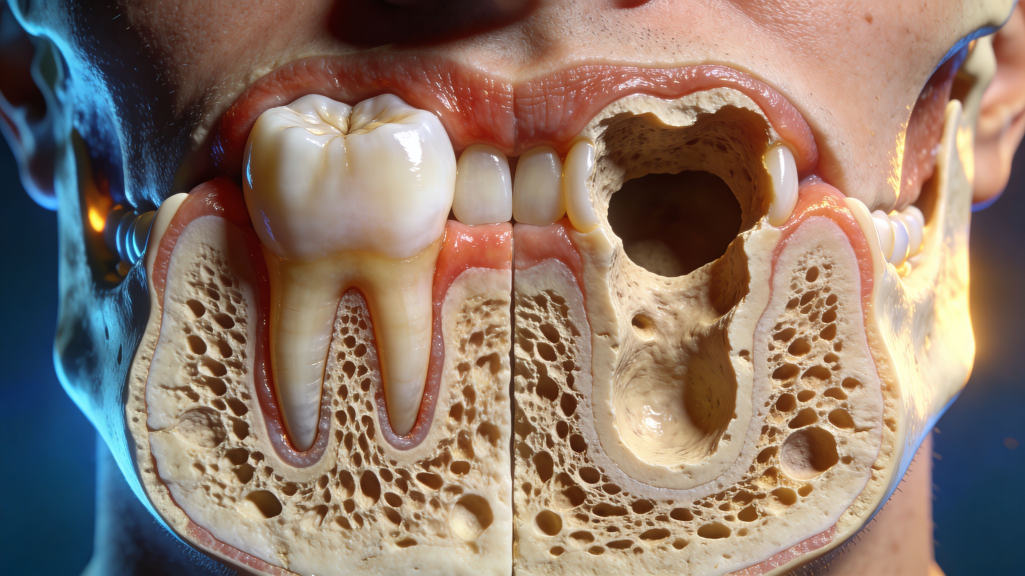 A 3D medical visualization showing a healthy molar tooth beside a section of jaw bone with missing teeth.