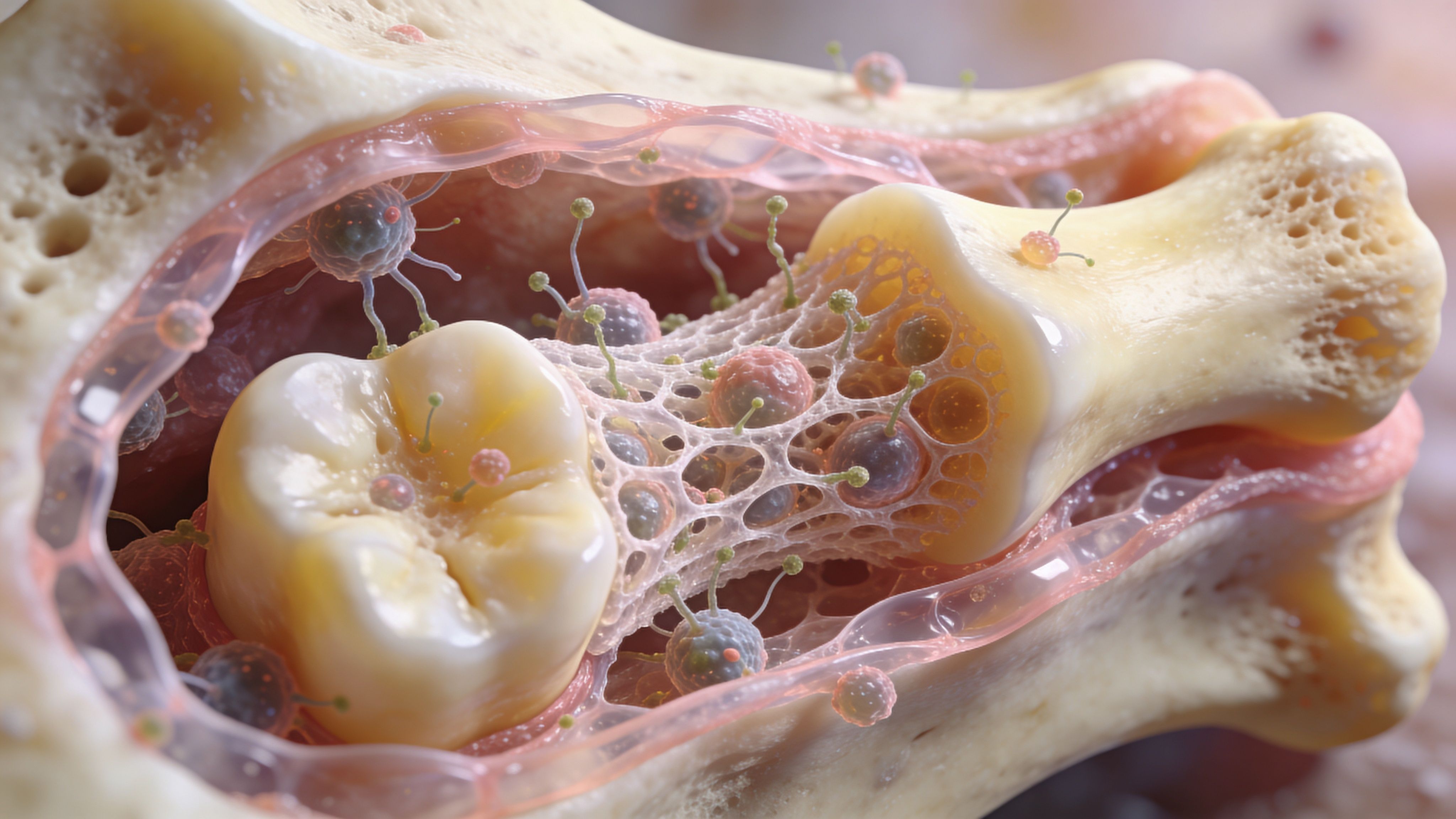 A 3D medical visualization showing a tooth integrated with a synthetic bone graft scaffold and surrounding cells.