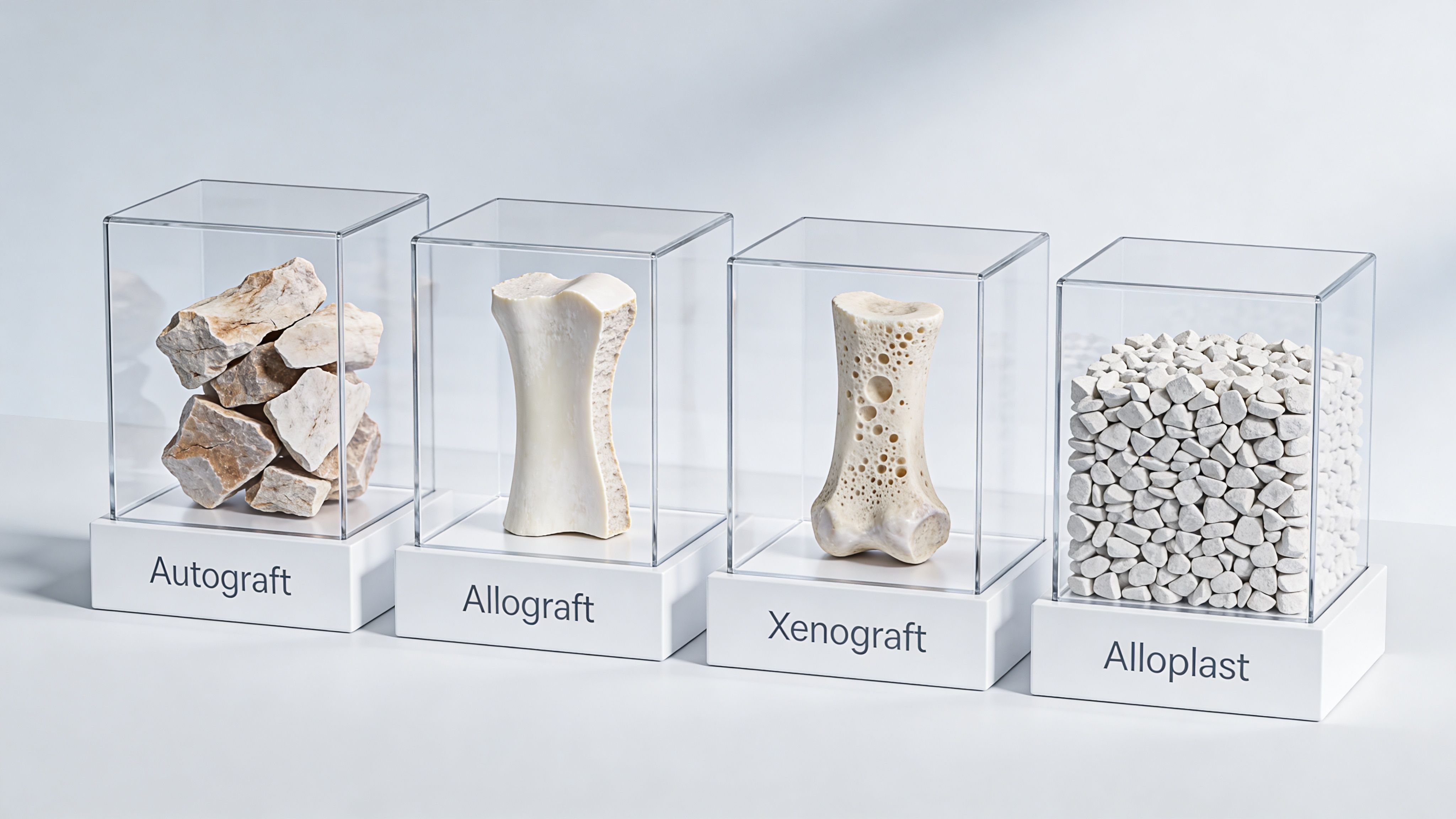 Four clear cases displaying various types of bone grafting materials labeled as Autograft, Allograft, Xenograft, and Alloplast.