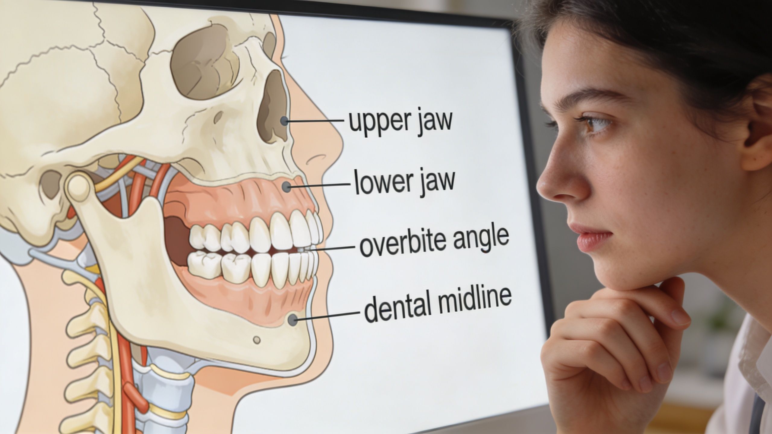 A professional medical image showing a human skull diagram illustrating teeth alignment, jaw structure, and dental overbite.