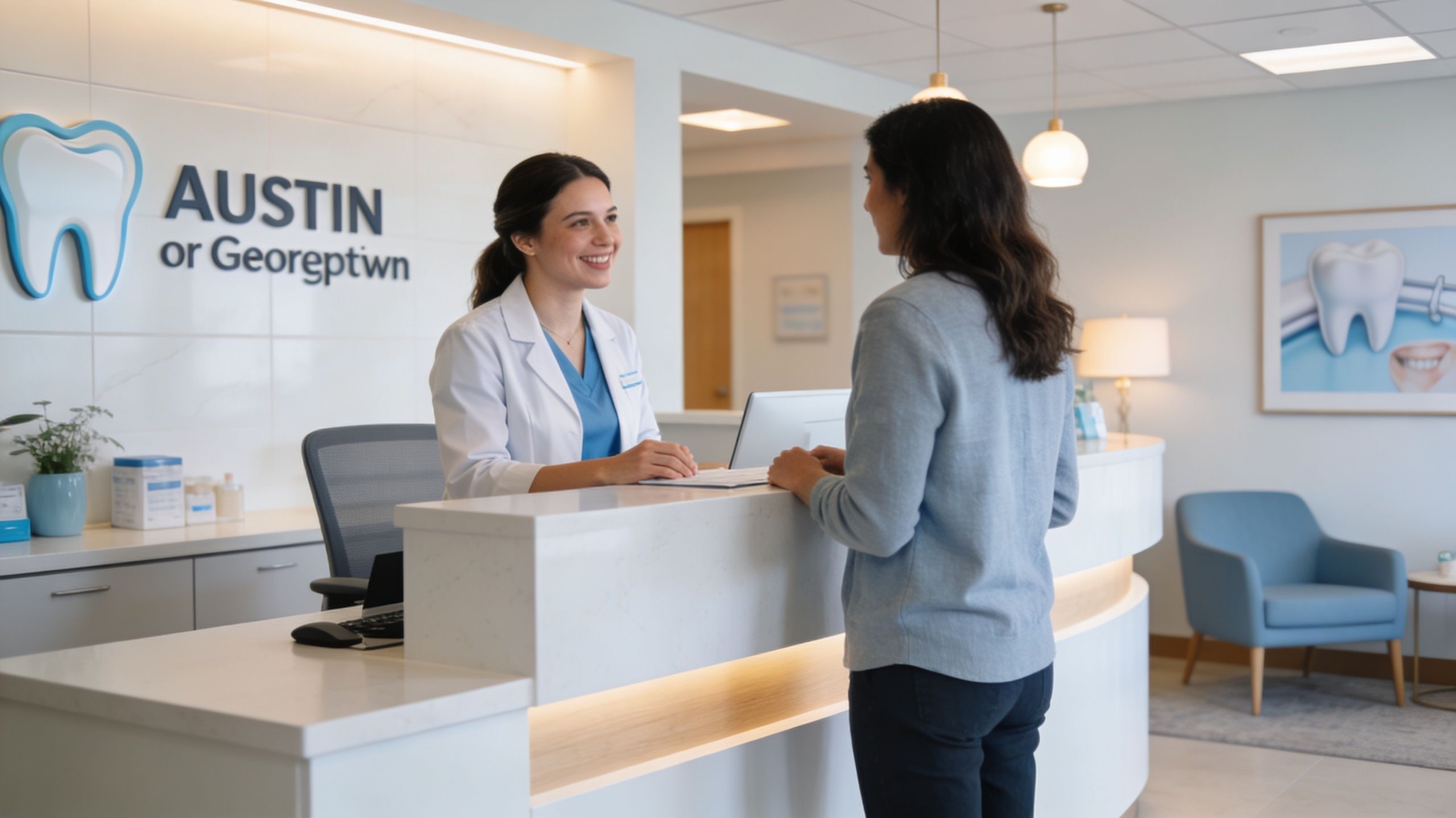 A friendly dental receptionist smiling while assisting a patient at the front desk of a modern office.
