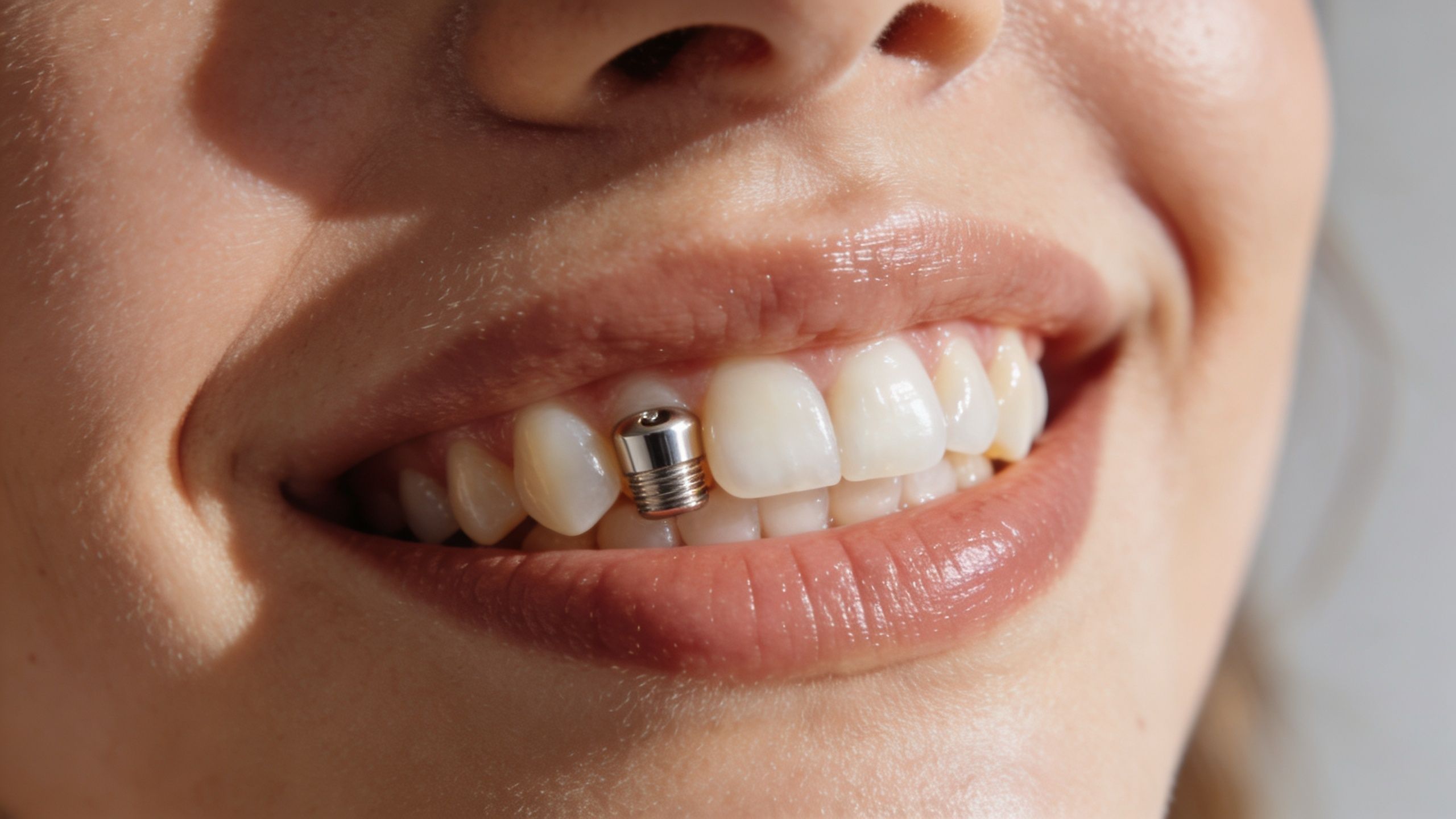 Close-up of a smiling woman showing a dental implant procedure on one of her front teeth.